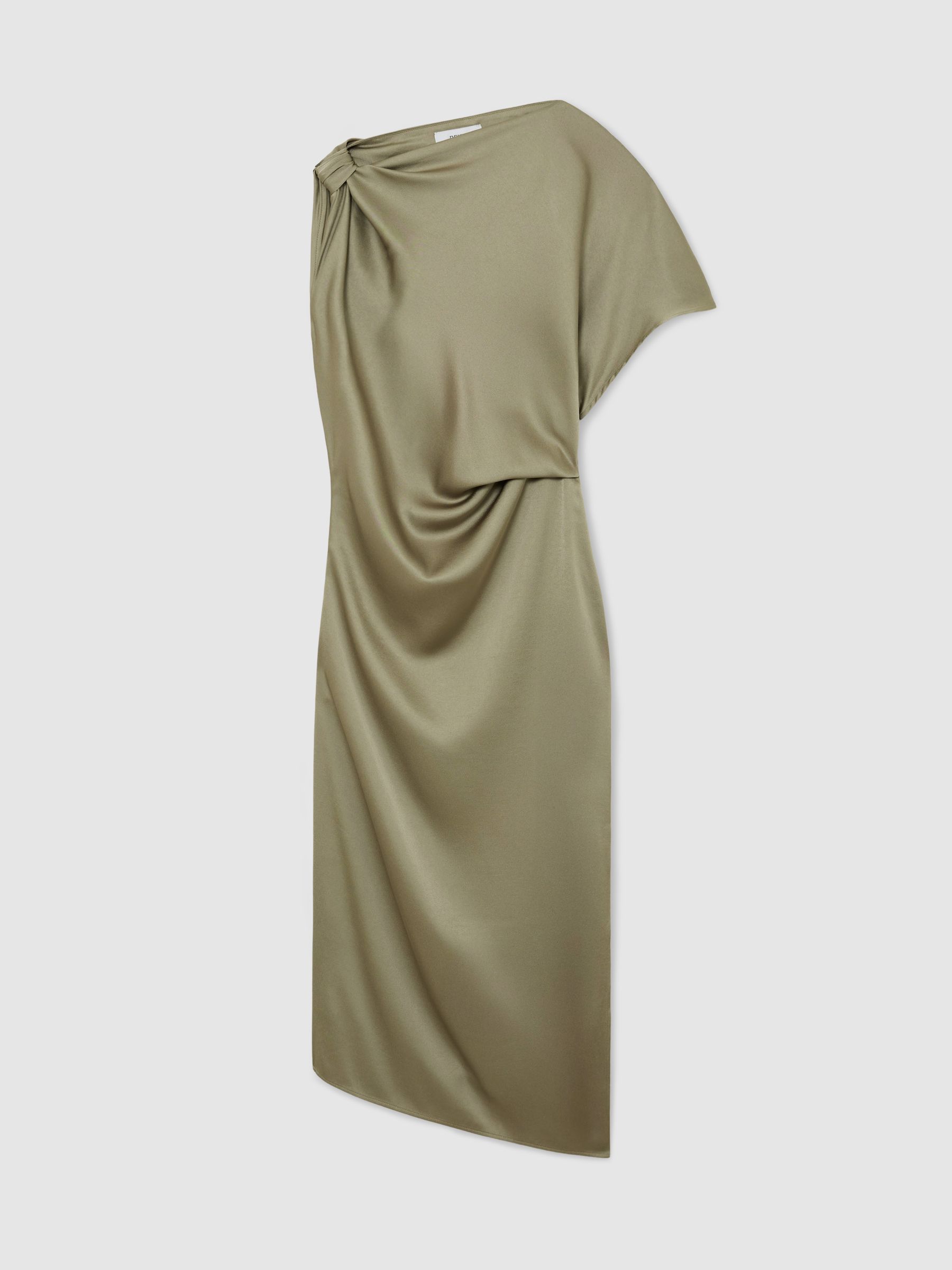 Satin Asymmetric Draped Midi Dress in Khaki Green - Image 2 of 6 Satin Asymmetric Draped Midi Dress in Khaki Green - Image 2 of 6