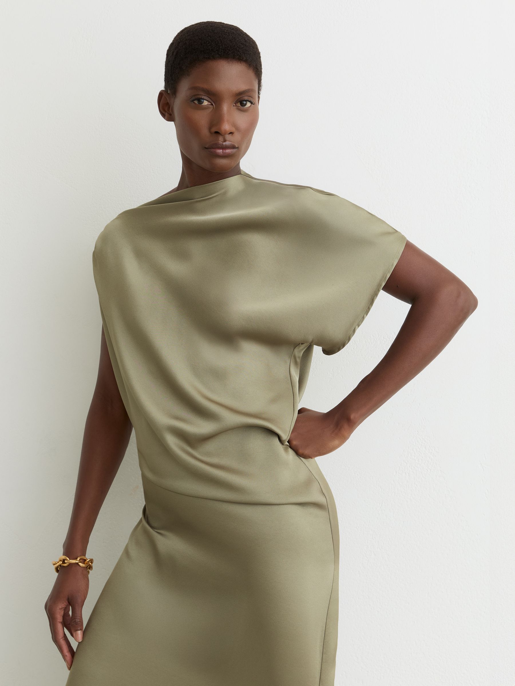 Satin Asymmetric Draped Midi Dress in Khaki Green - Image 3 of 6