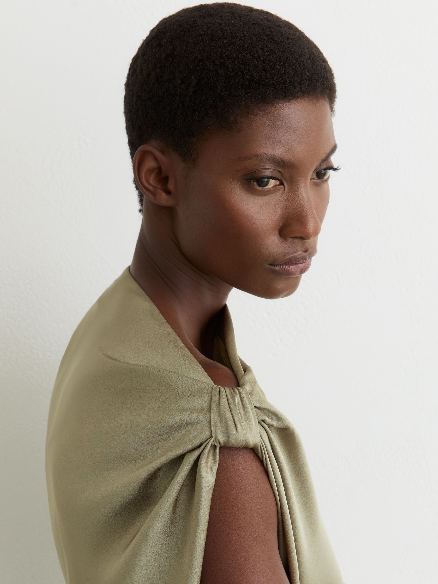 Satin Asymmetric Draped Midi Dress in Khaki Green - Image 4 of 6