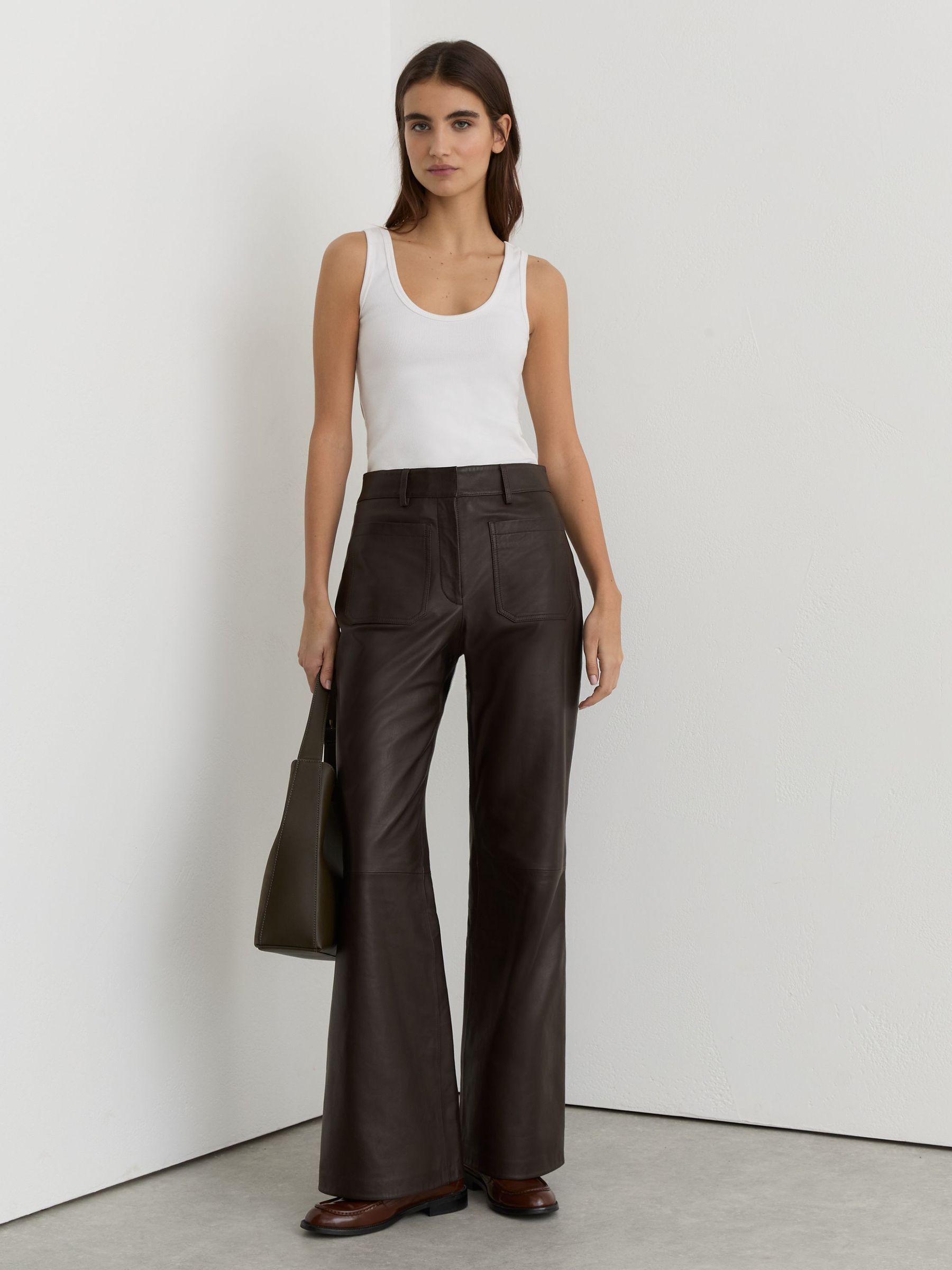 Petite Leather Patch-Pocket Flared Trousers in Chocolate Brown - Image 1 of 8