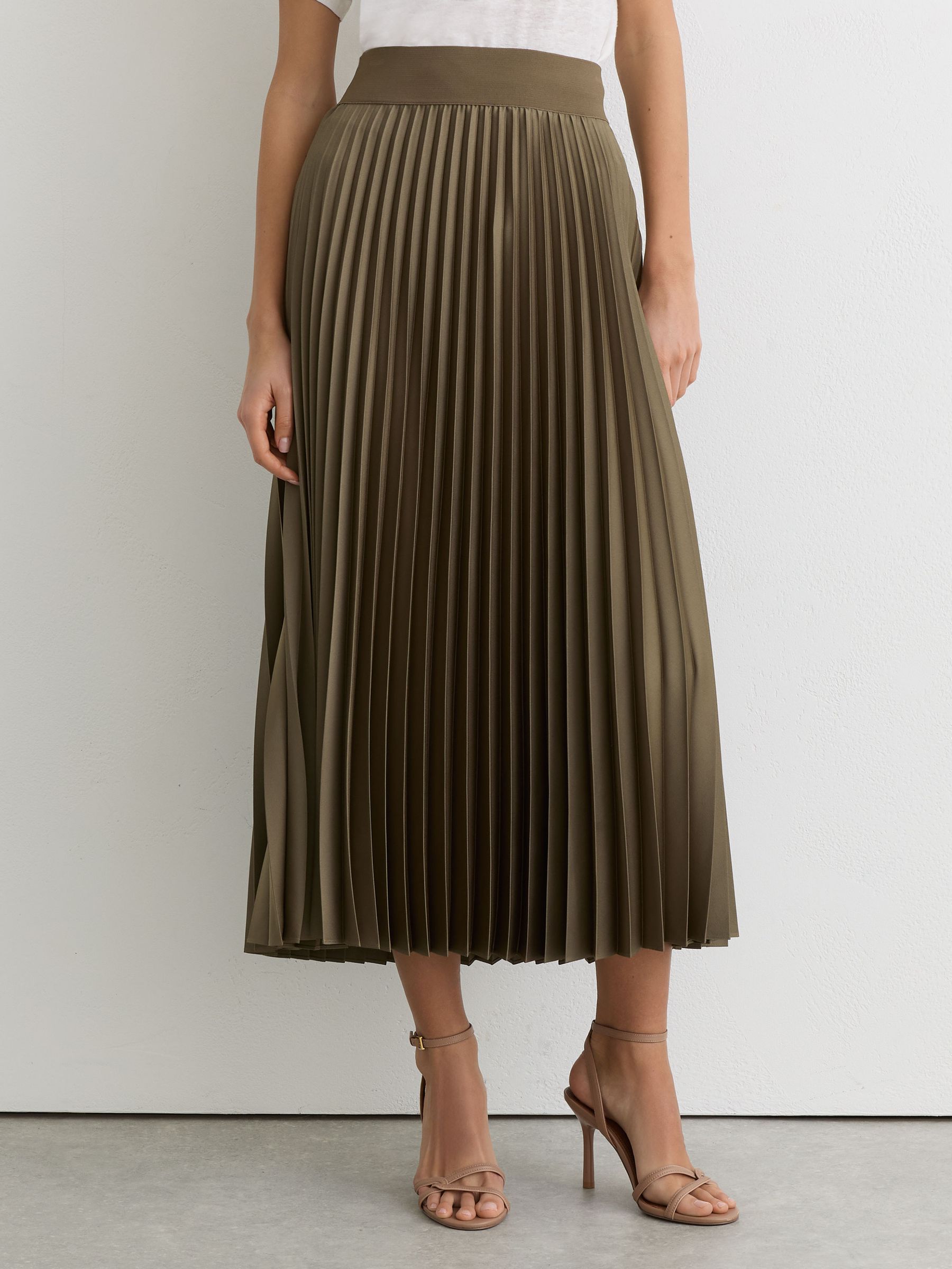 Pleated Midi Skirt in Khaki Green - Image 4 of 7