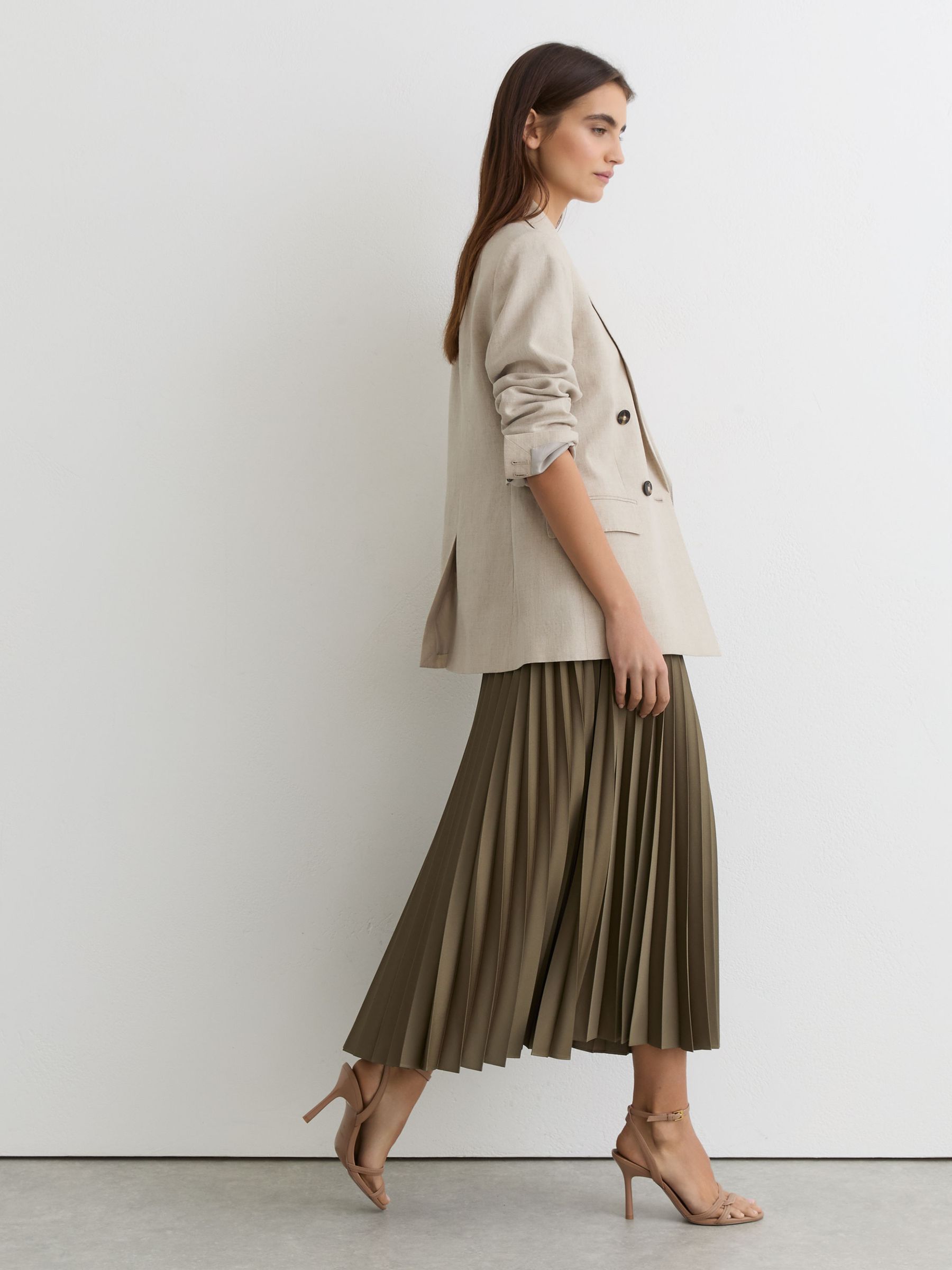 Pleated Midi Skirt in Khaki Green - Image 5 of 7