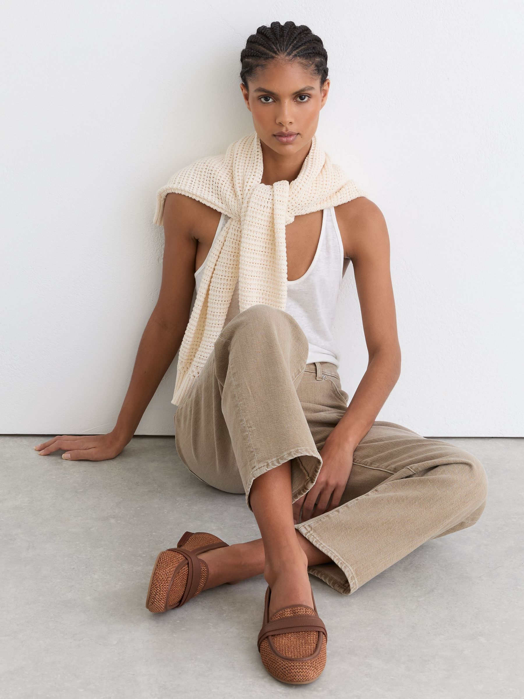 Raffia Leather Trim Loafers in Tan - Image 1 of 5