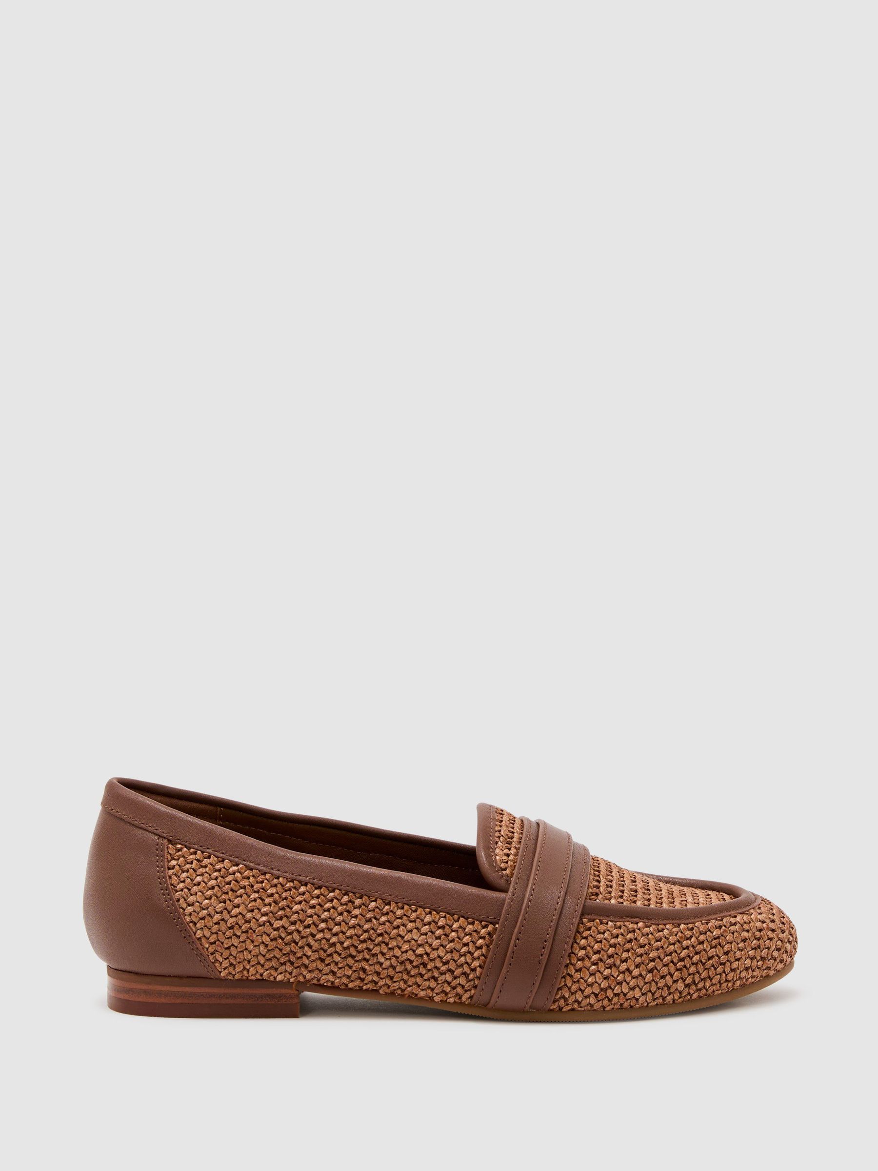 Raffia Leather Trim Loafers in Tan - image 1
