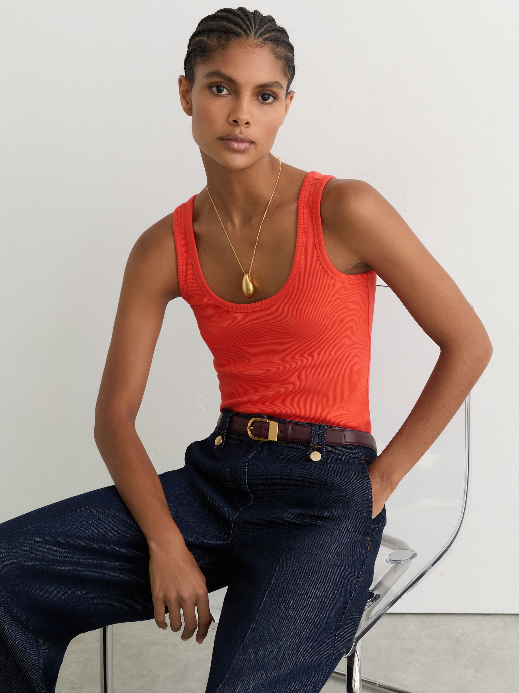 Stretch-Cotton Ribbed Vest in Coral Pink - Image 1 of 7