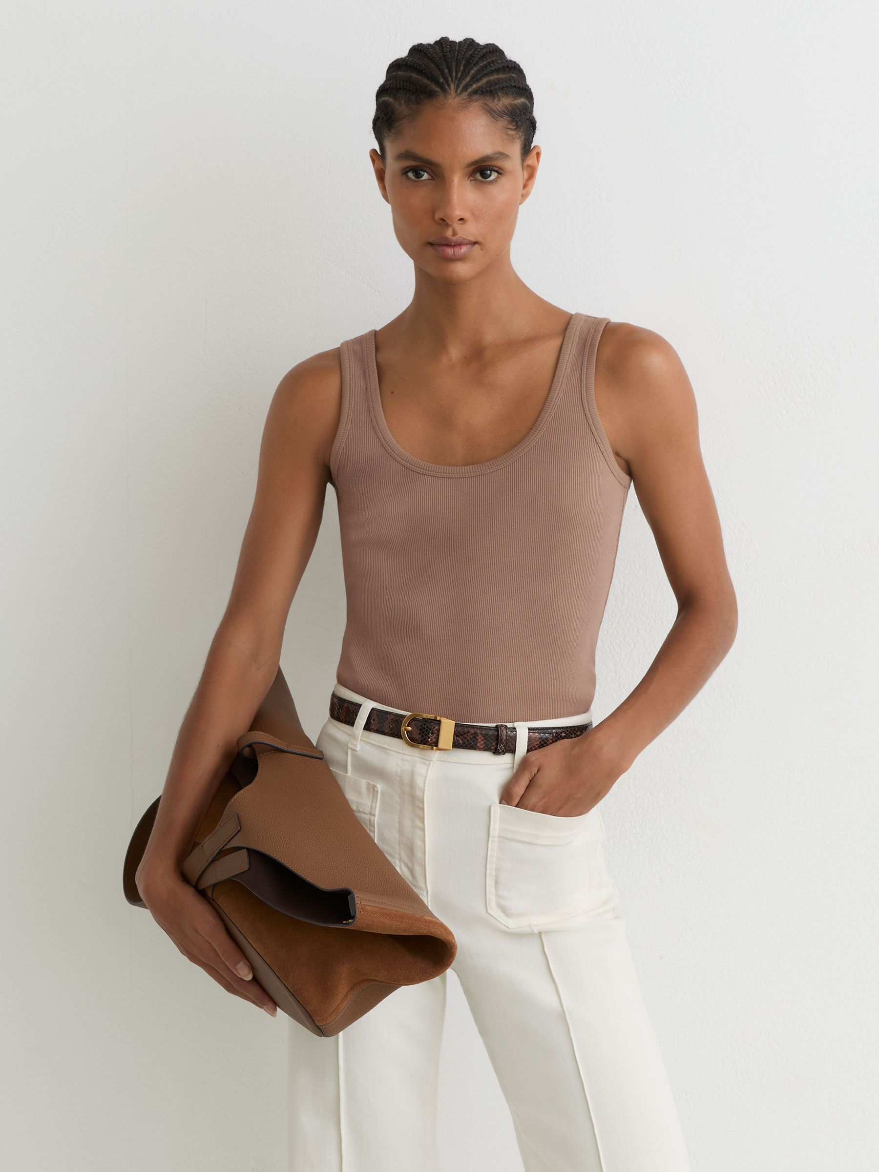 Stretch-Cotton Ribbed Vest in Taupe Neutral - Image 1 of 6