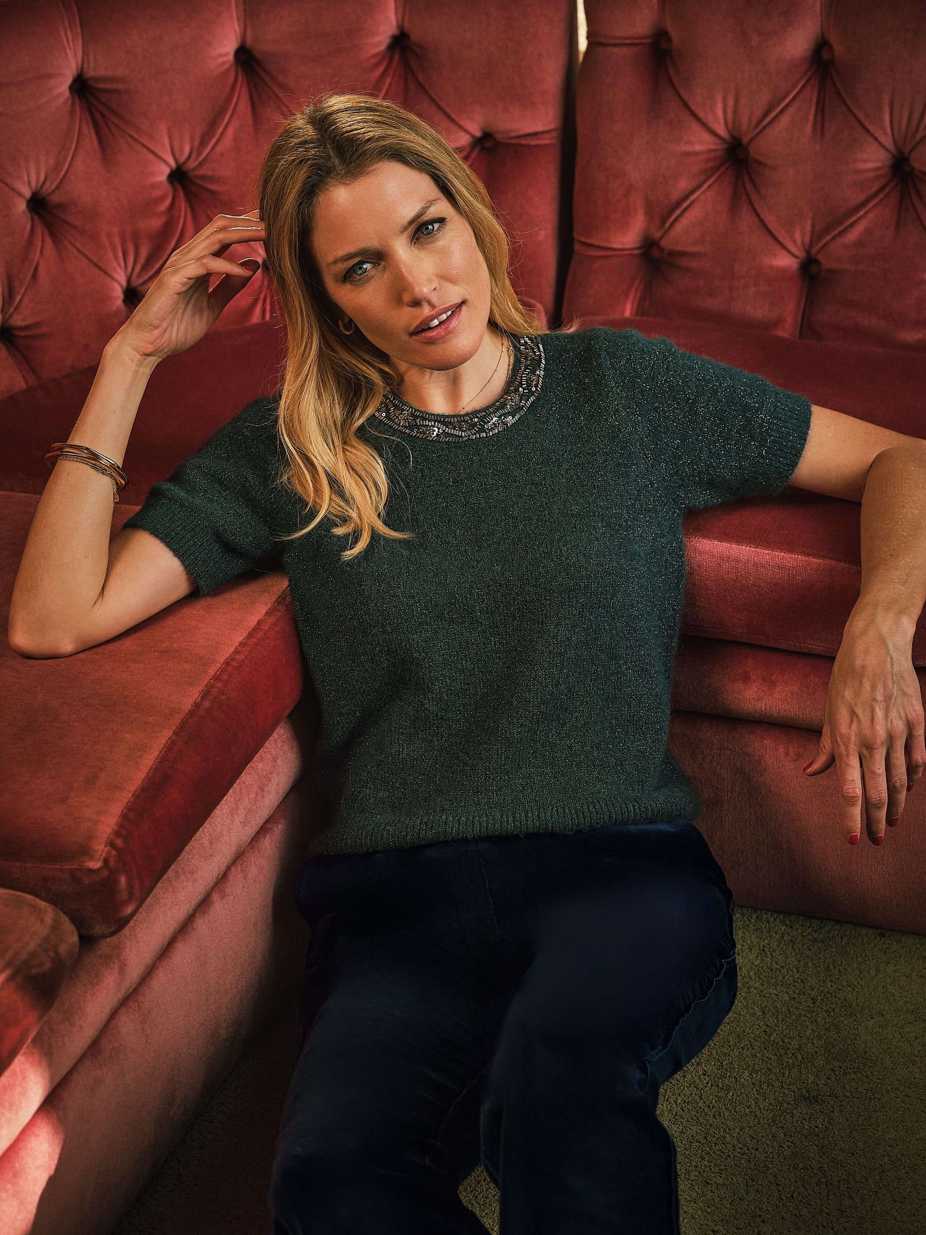 Teal Blue Embellished Collar Knit Top - Image 1 of 7