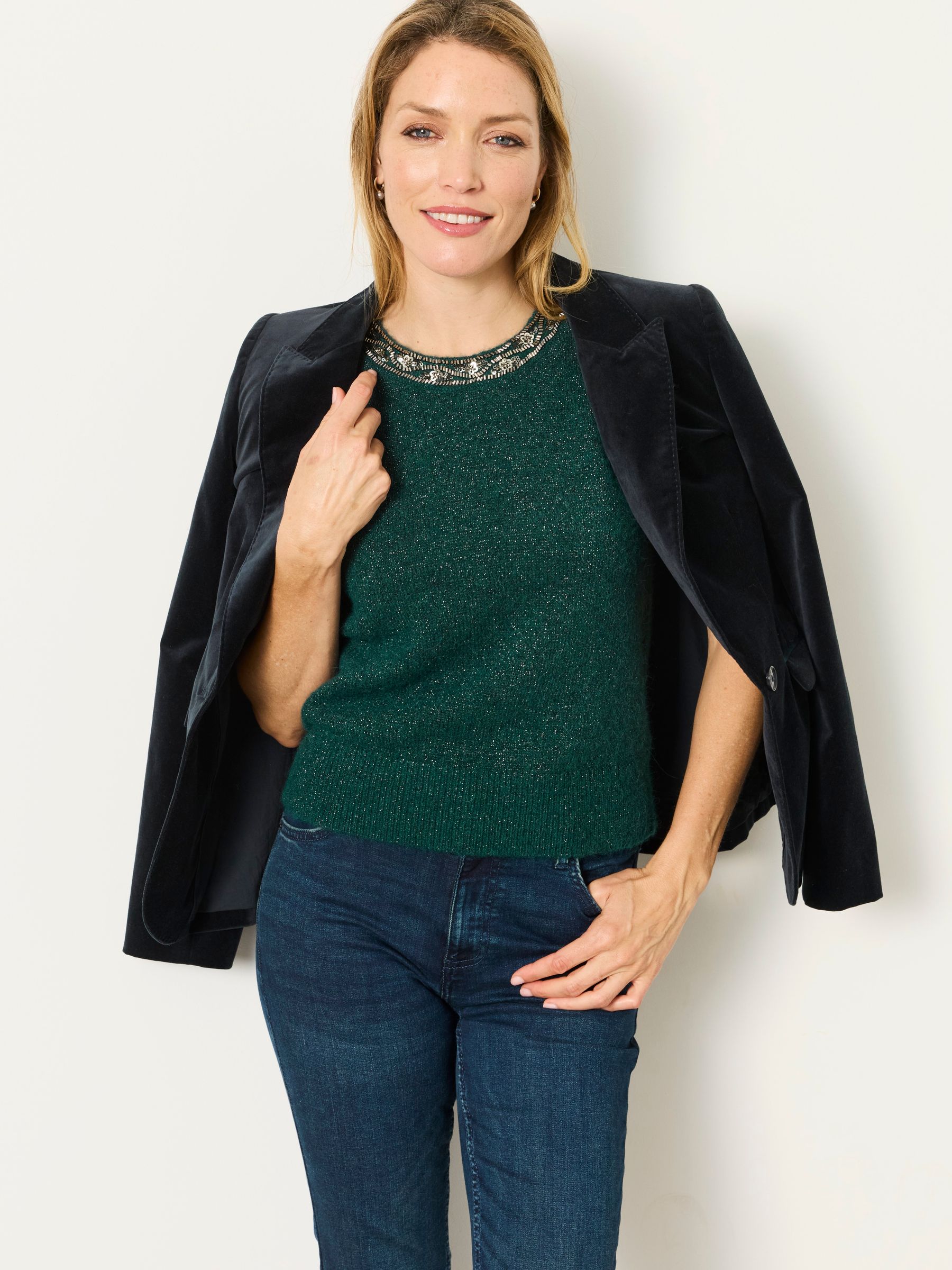 Teal Blue Embellished Collar Knit Top - Image 4 of 7