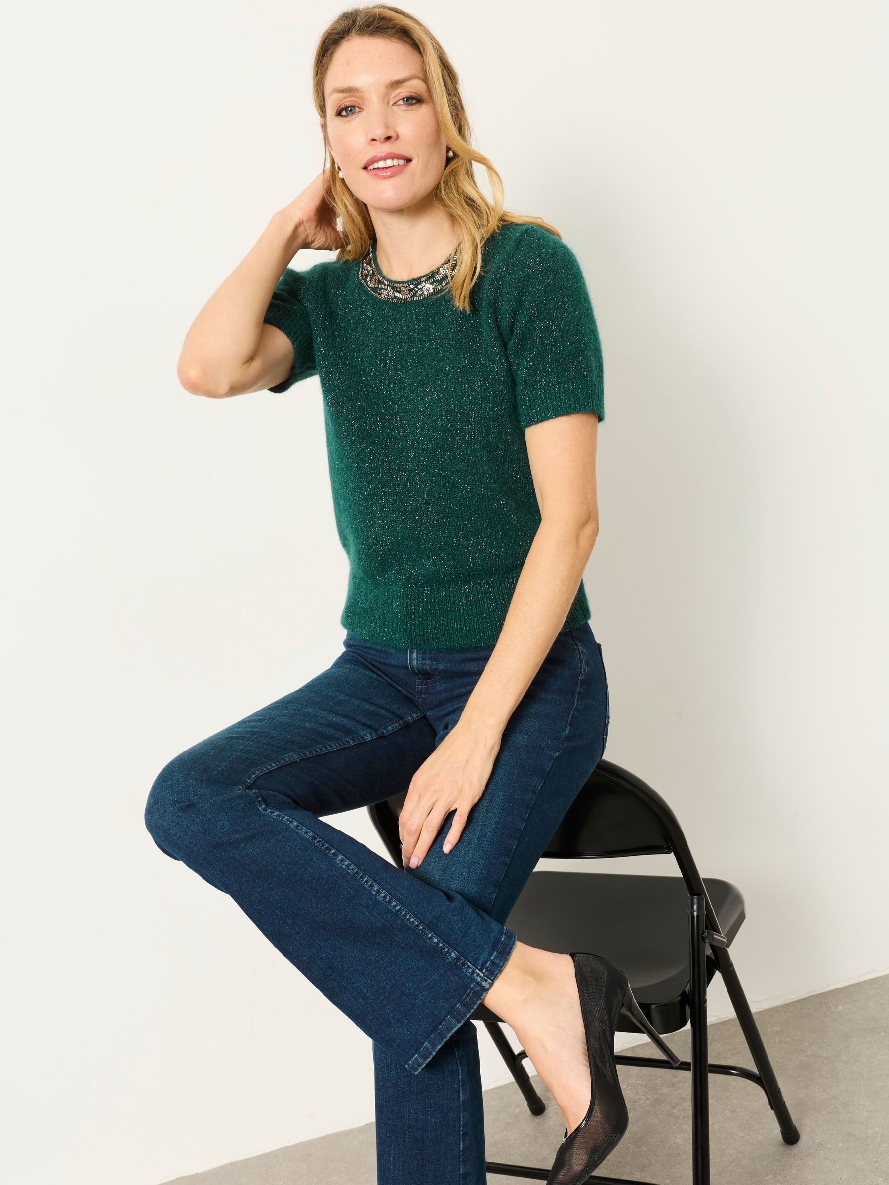 Teal Blue Embellished Collar Knit Top - Image 6 of 7