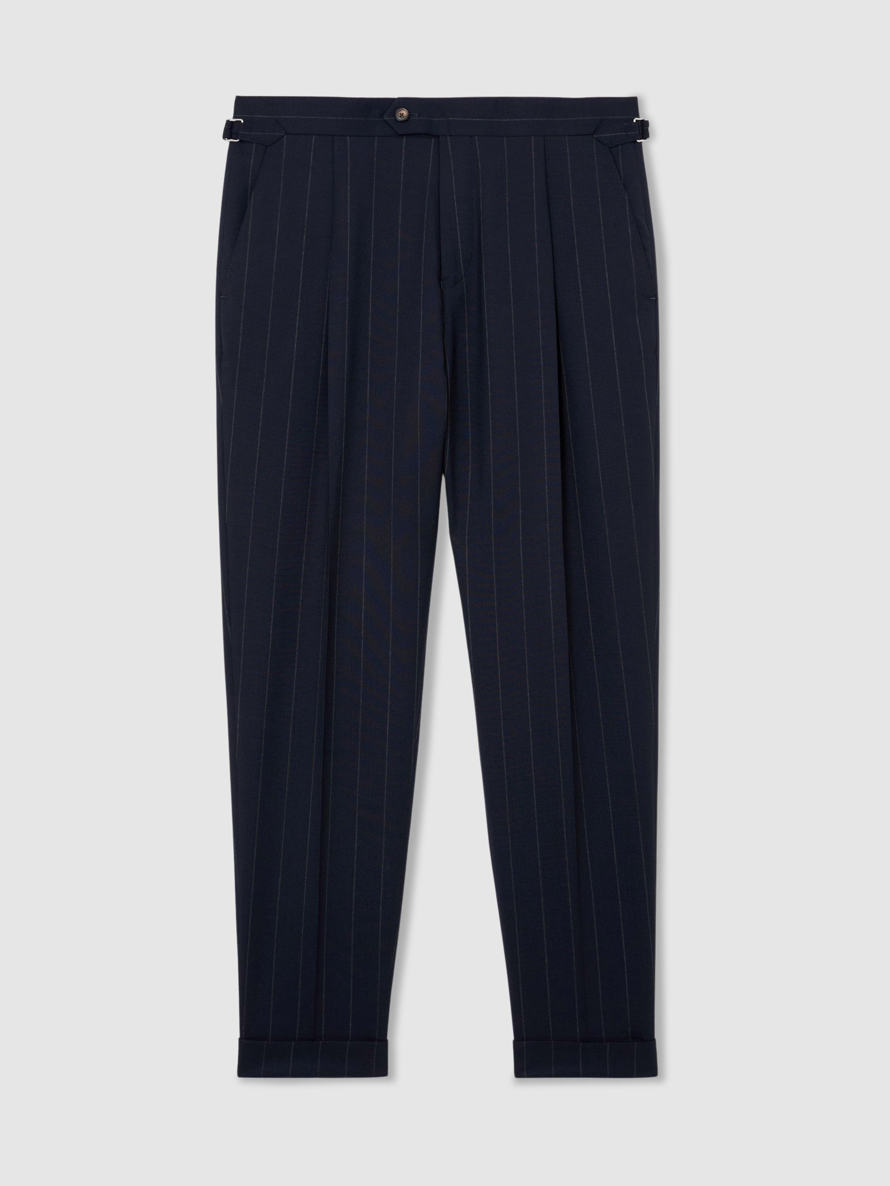 Wool Pinstripe Side-Adjuster Suit Trousers Tailored-Fit in Navy