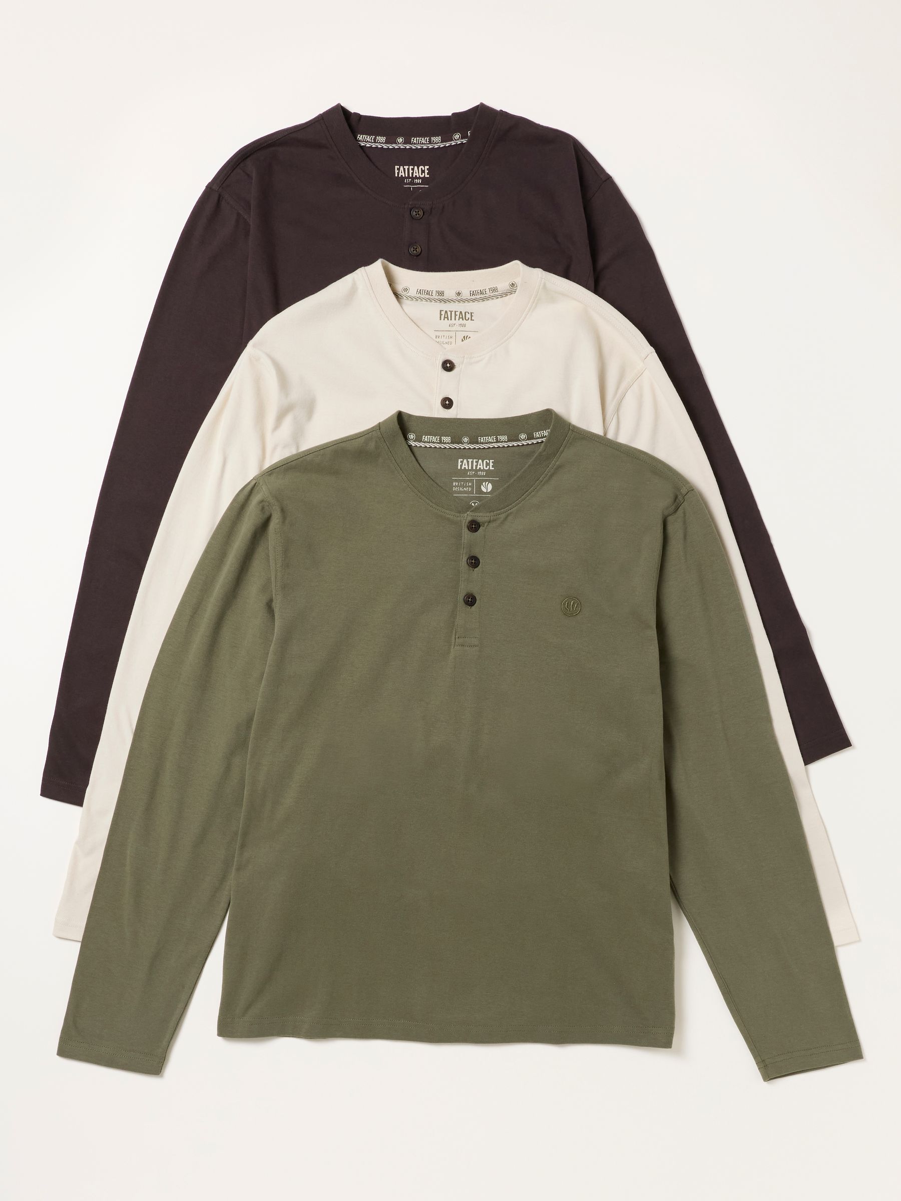 3 Pack Khaki/Natural/Brown Long Sleeve Henley T-Shirt - Image 6 of 7