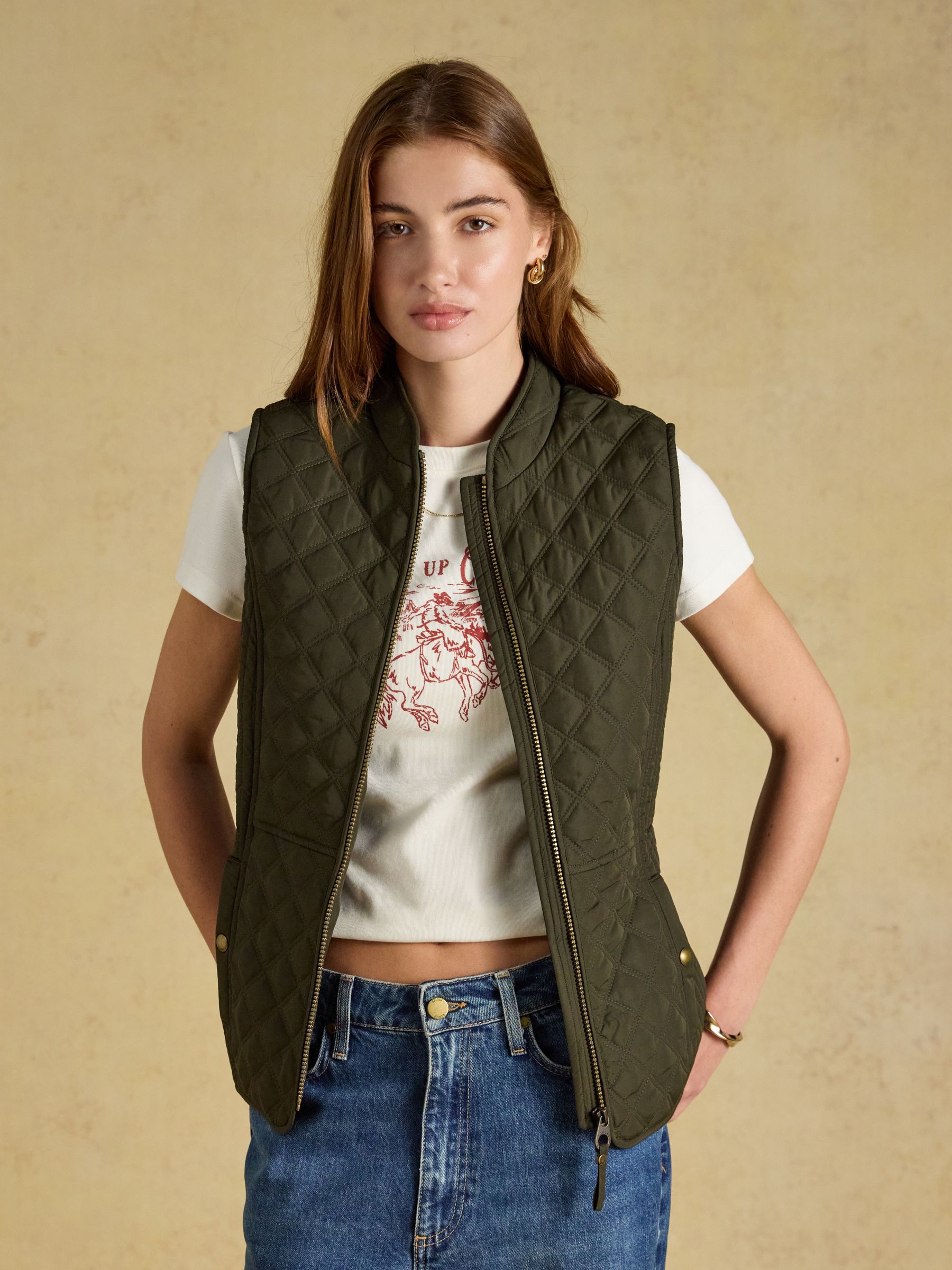 Minx Khaki Green Showerproof Diamond Quilted Gilet | Joules