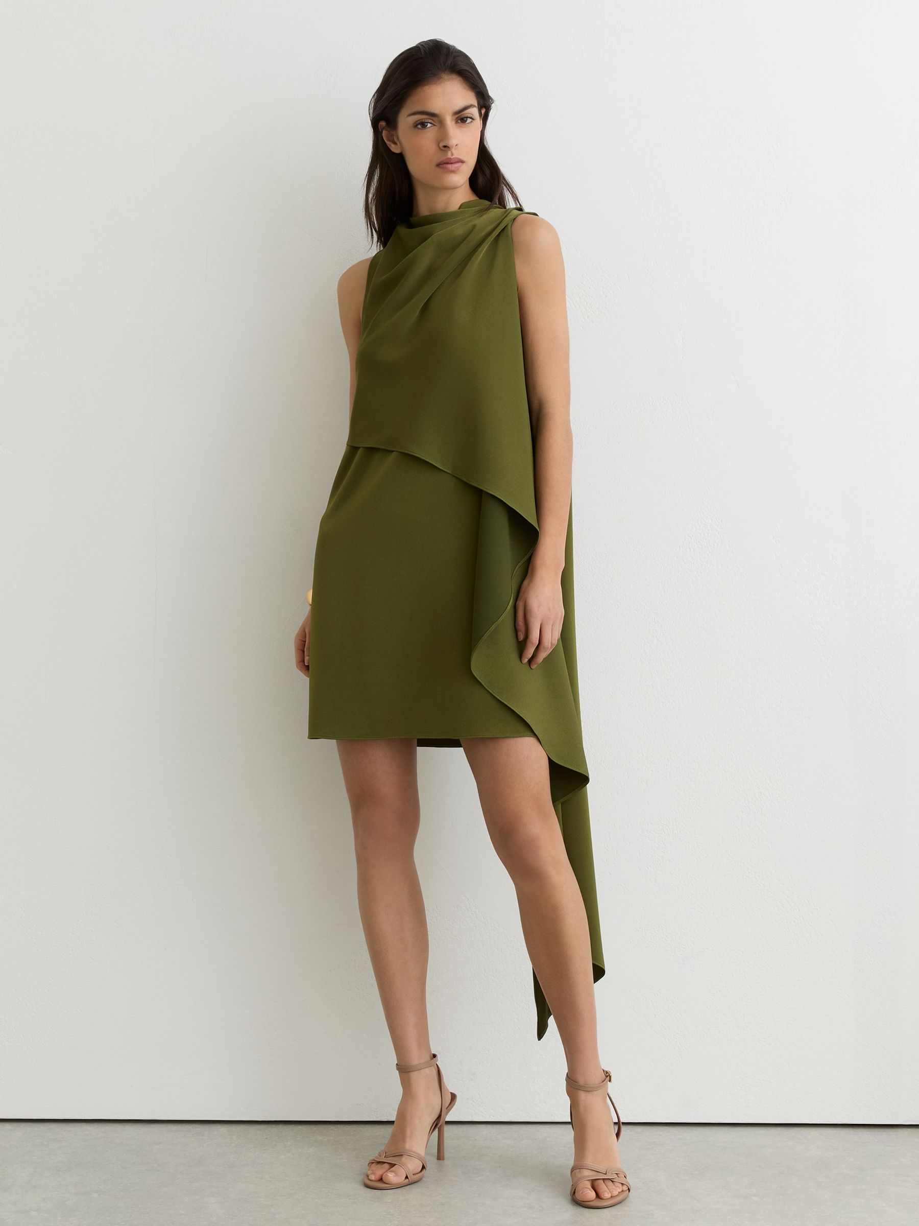 olive slinky drape front mini dress Reiss Drape-Detail Layered Mini Dress in Olive Green