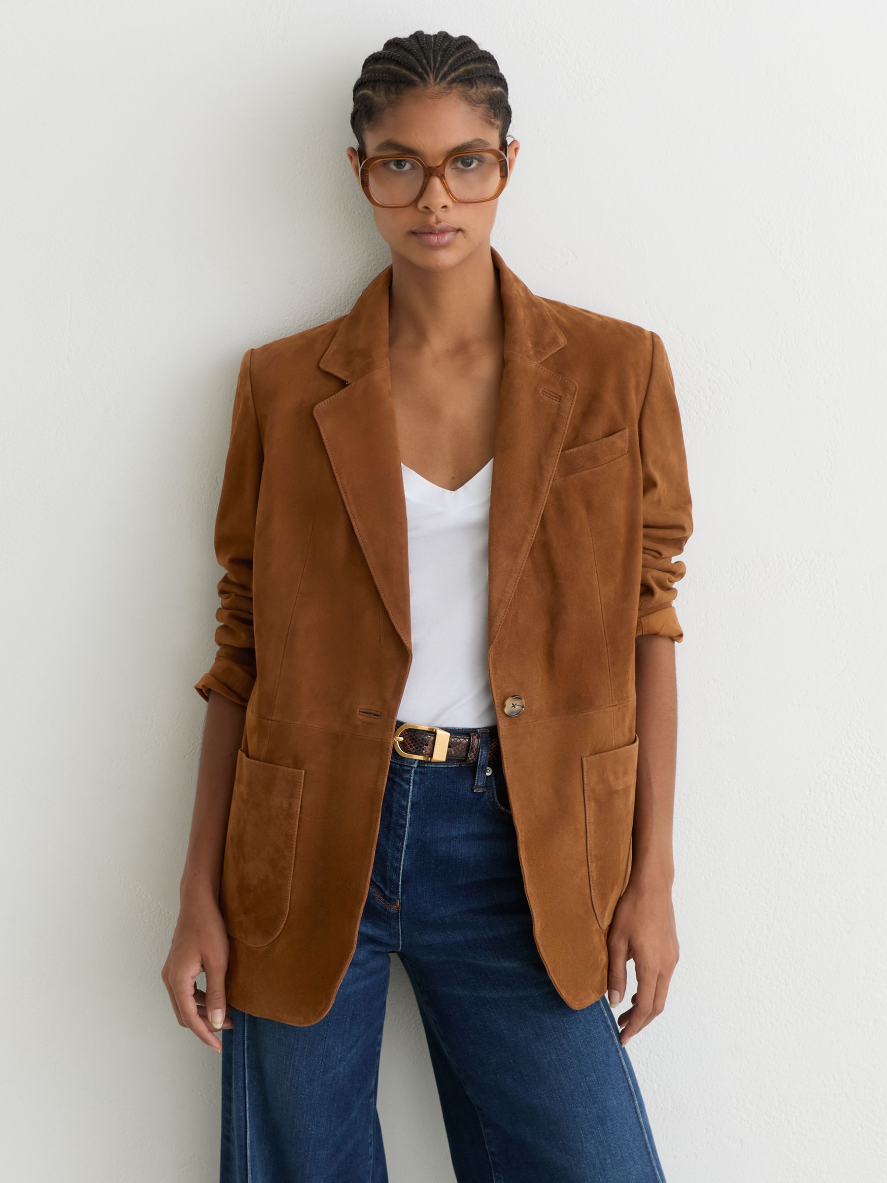 Suede Single-Breasted Relaxed-Fit Blazer in Tan Brown - image 2