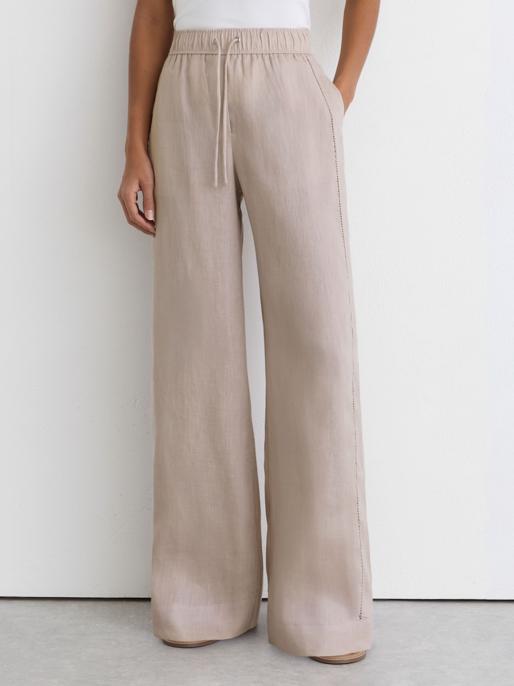 Petite Linen Ladder-Embroidery Wide-Leg Trousers in Neutral - Image 4 of 10