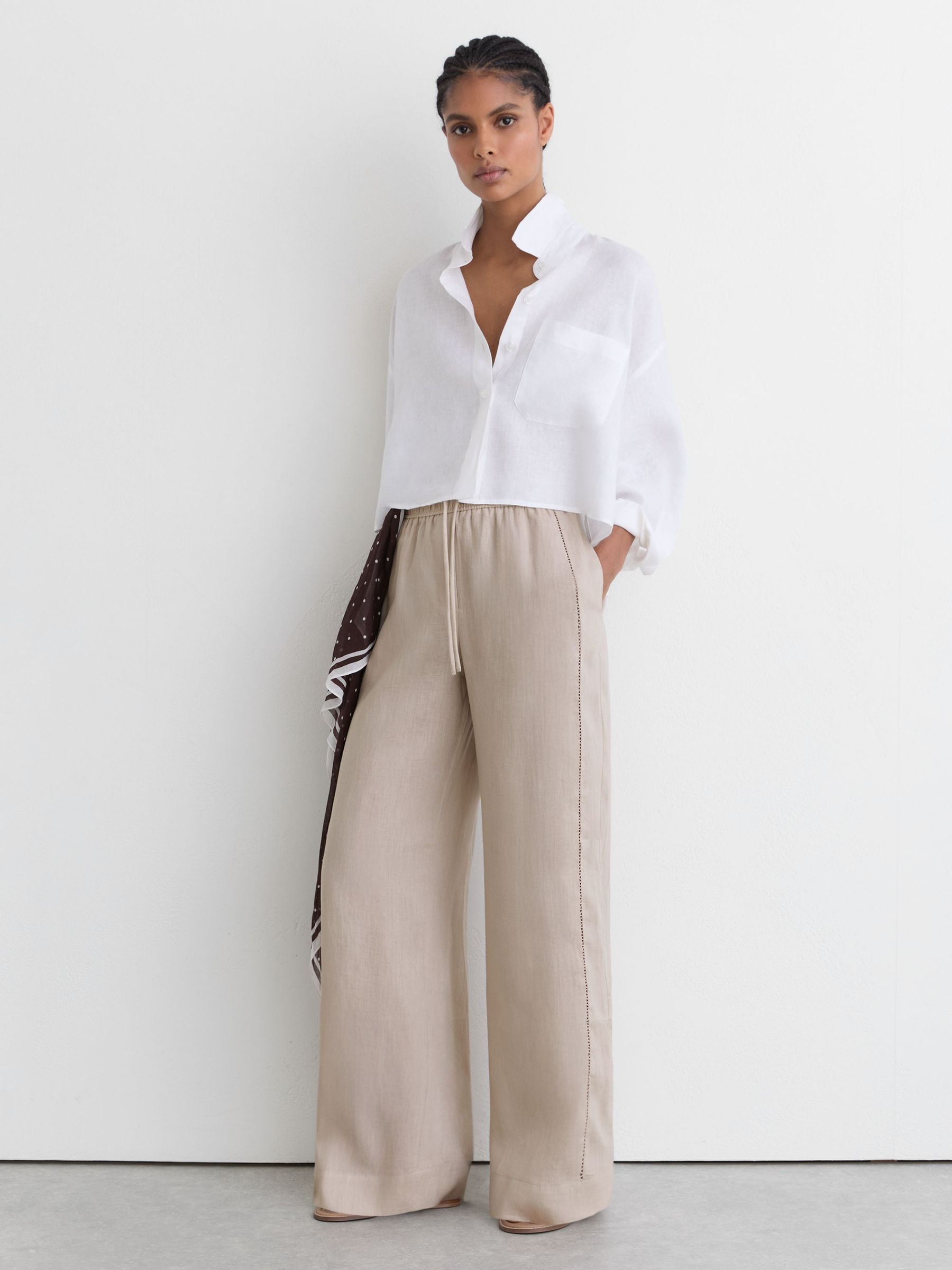 Petite Linen Ladder-Embroidery Wide-Leg Trousers in Neutral - Image 8 of 10