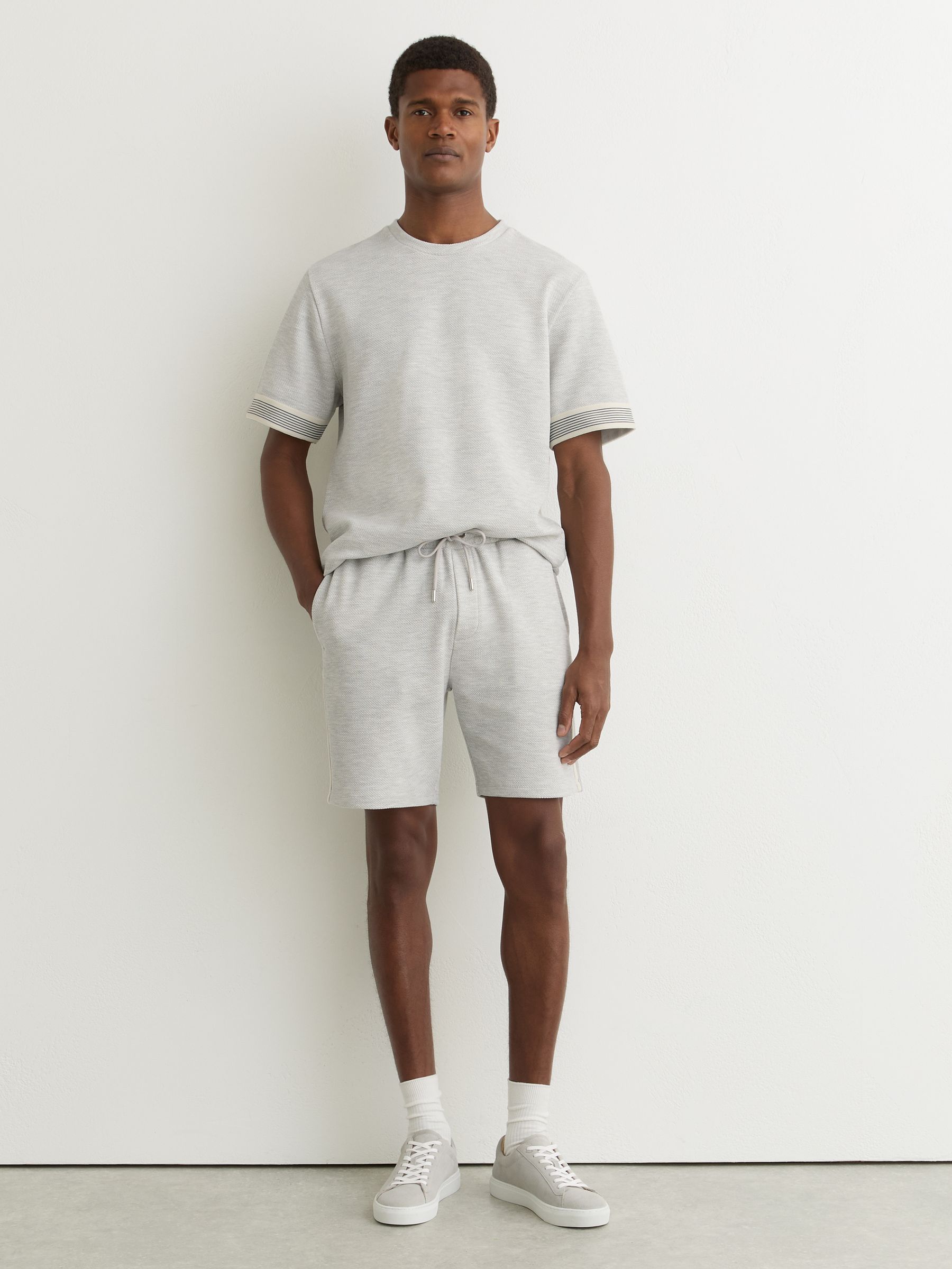 Textured Side-Stripe Drawstring Shorts in Grey Melange - Image 1 of 6 Textured Side-Stripe Drawstring Shorts in Grey Melange - Image 1 of 6