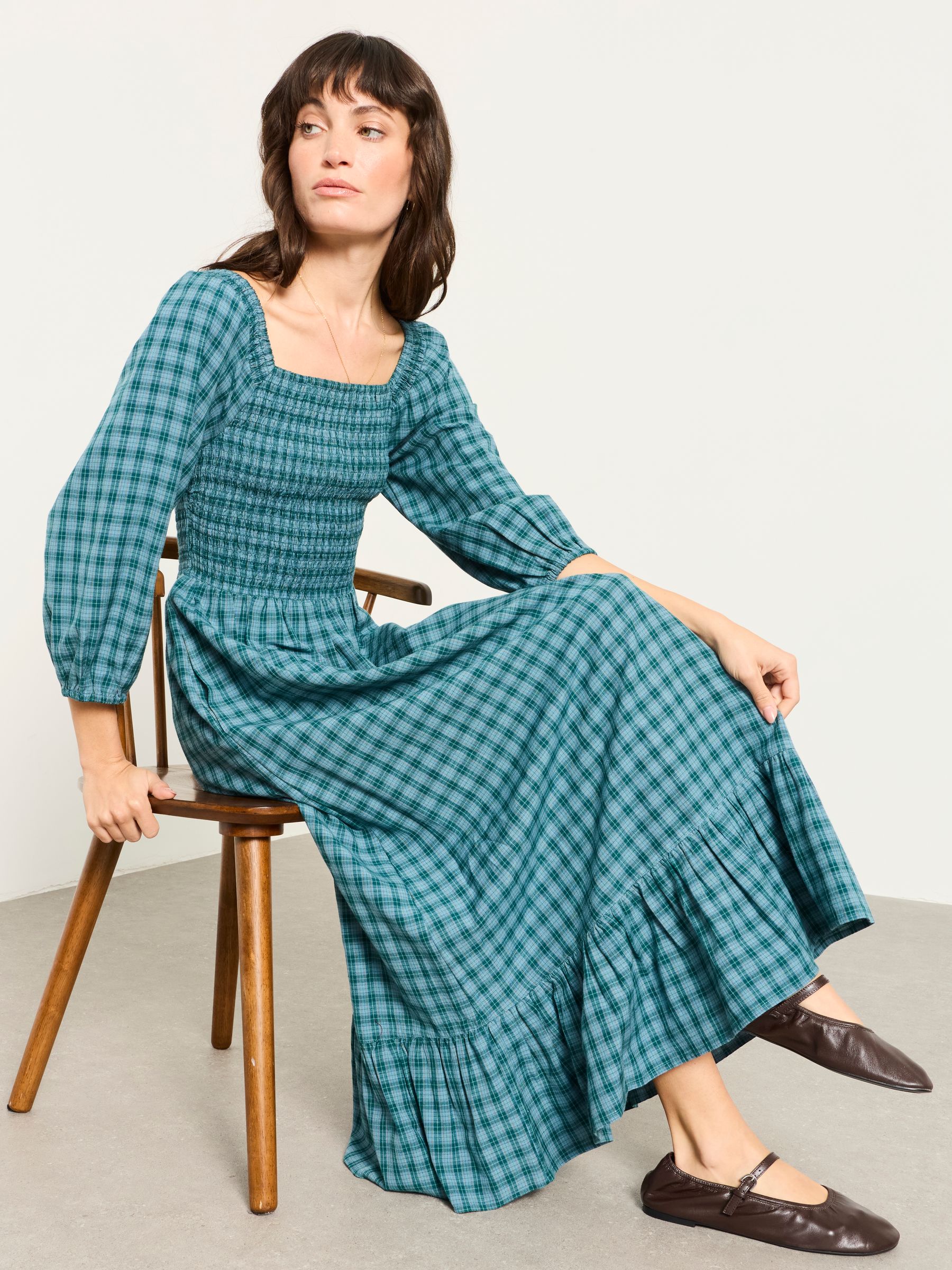 Adele Teal Blue Check Petite Midi Dress - Image 3 of 5