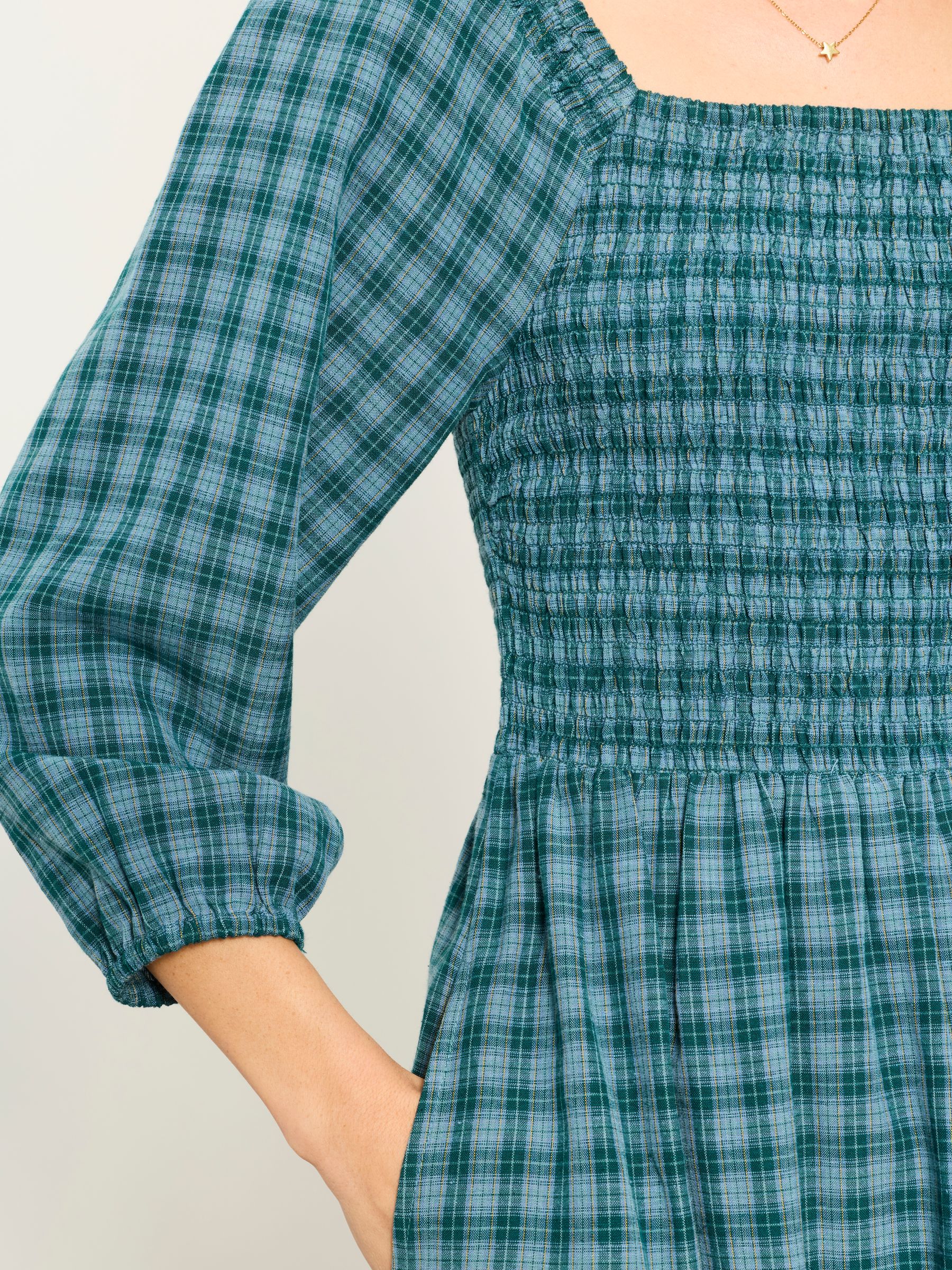 Adele Teal Blue Check Petite Midi Dress - Image 4 of 5