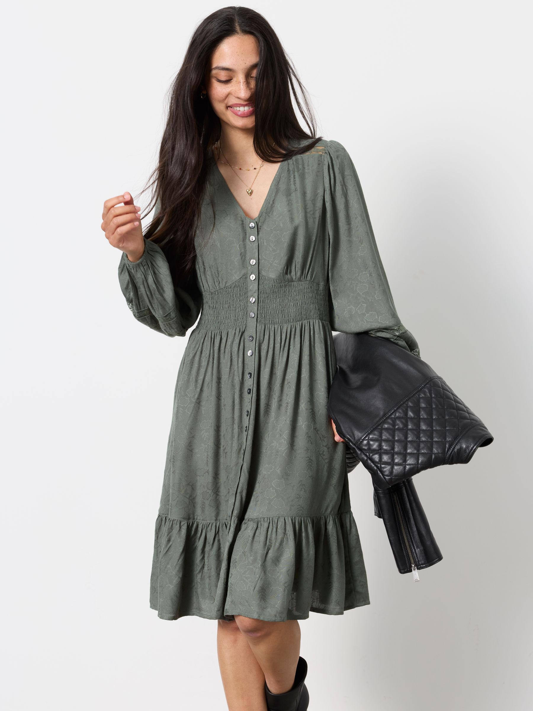Eden Olive Green Petite Jacquard Mini Dress - Image 1 of 5 Eden Olive Green Petite Jacquard Mini Dress - Image 1 of 5