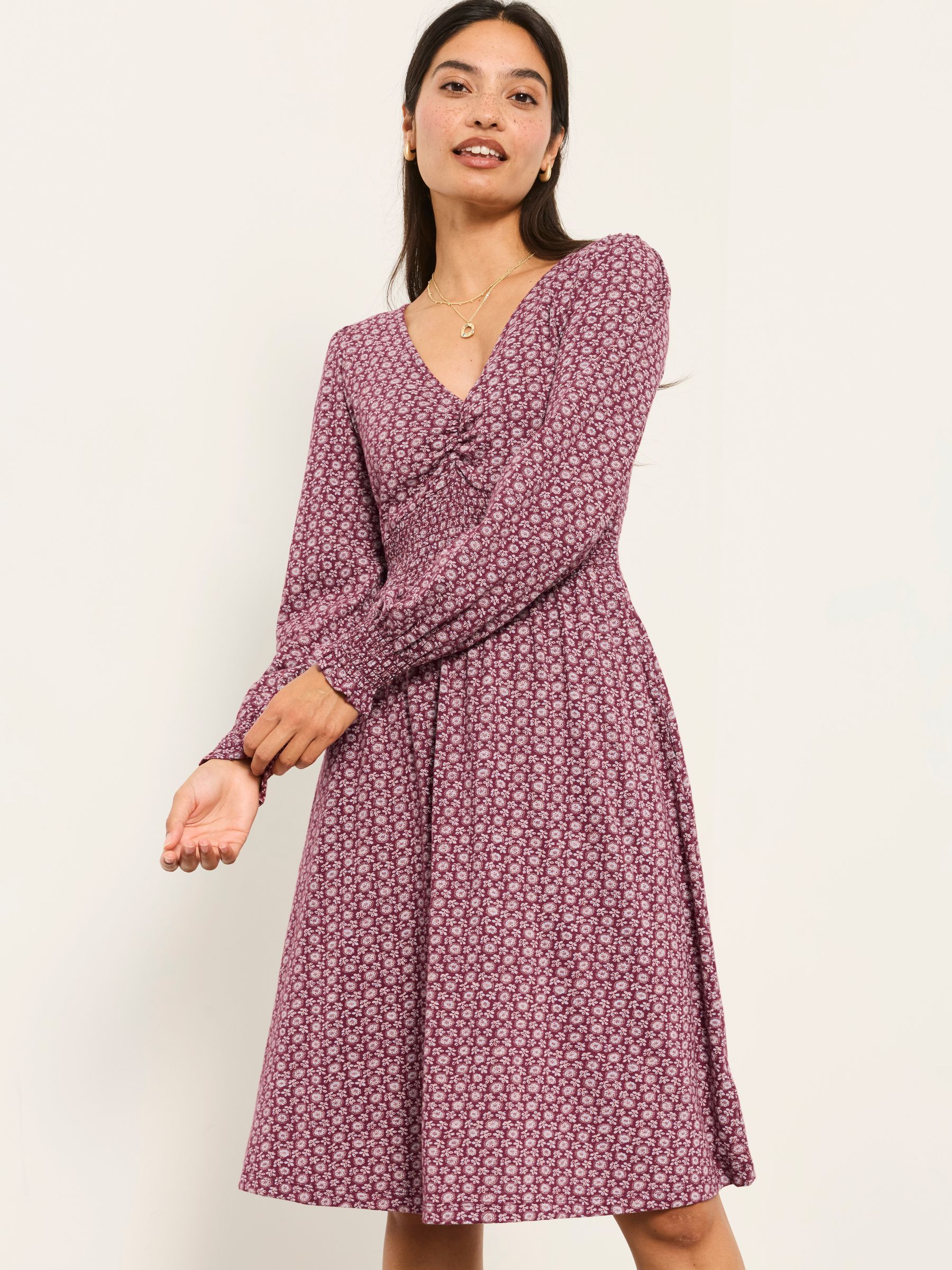 Sophie Burgundy Red Folk Floral Petite Jersey Dress - Image 1 of 6