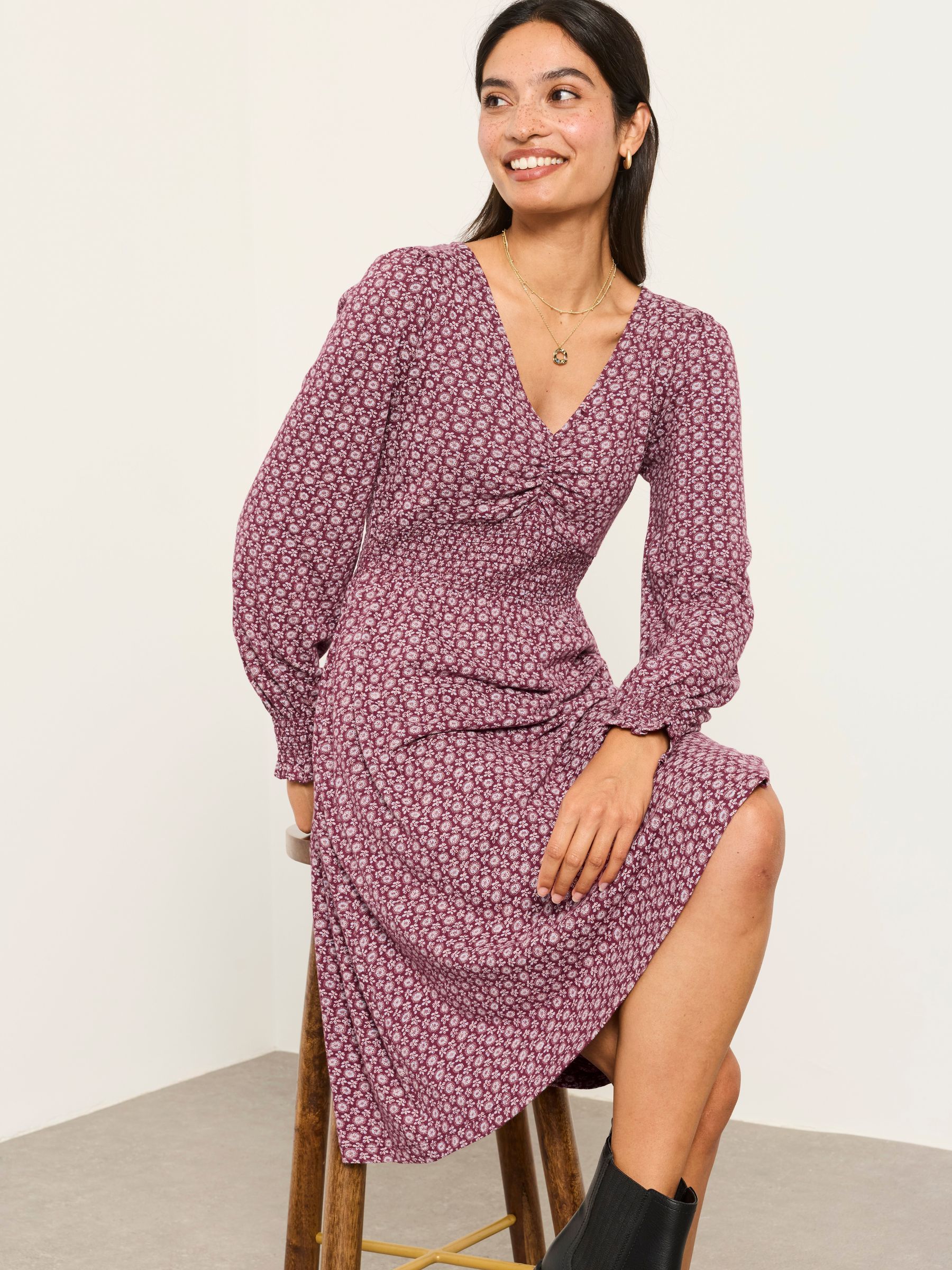 Sophie Burgundy Red Folk Floral Petite Jersey Dress - Image 3 of 6