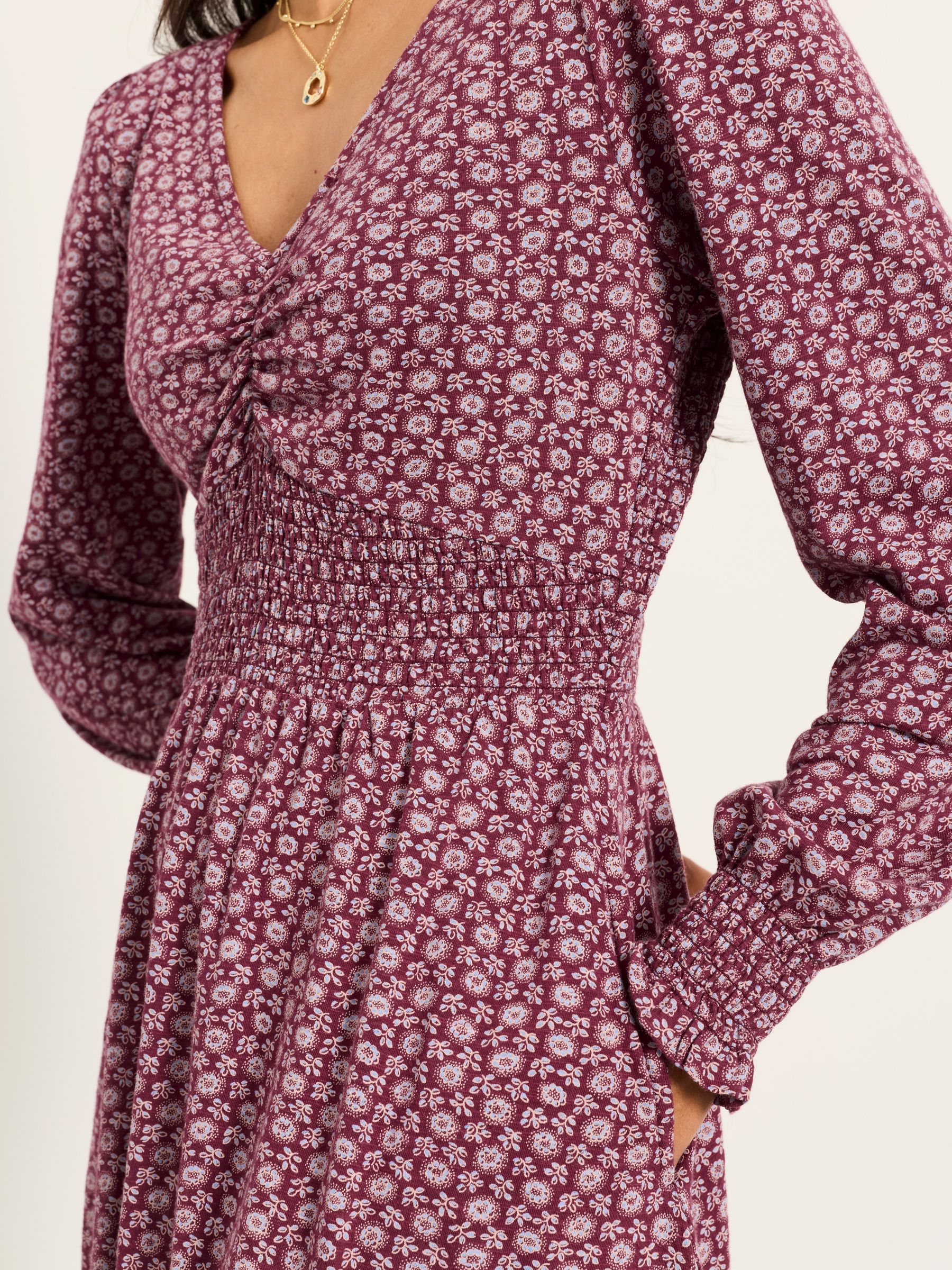 Sophie Burgundy Red Folk Floral Petite Jersey Dress - Image 4 of 6