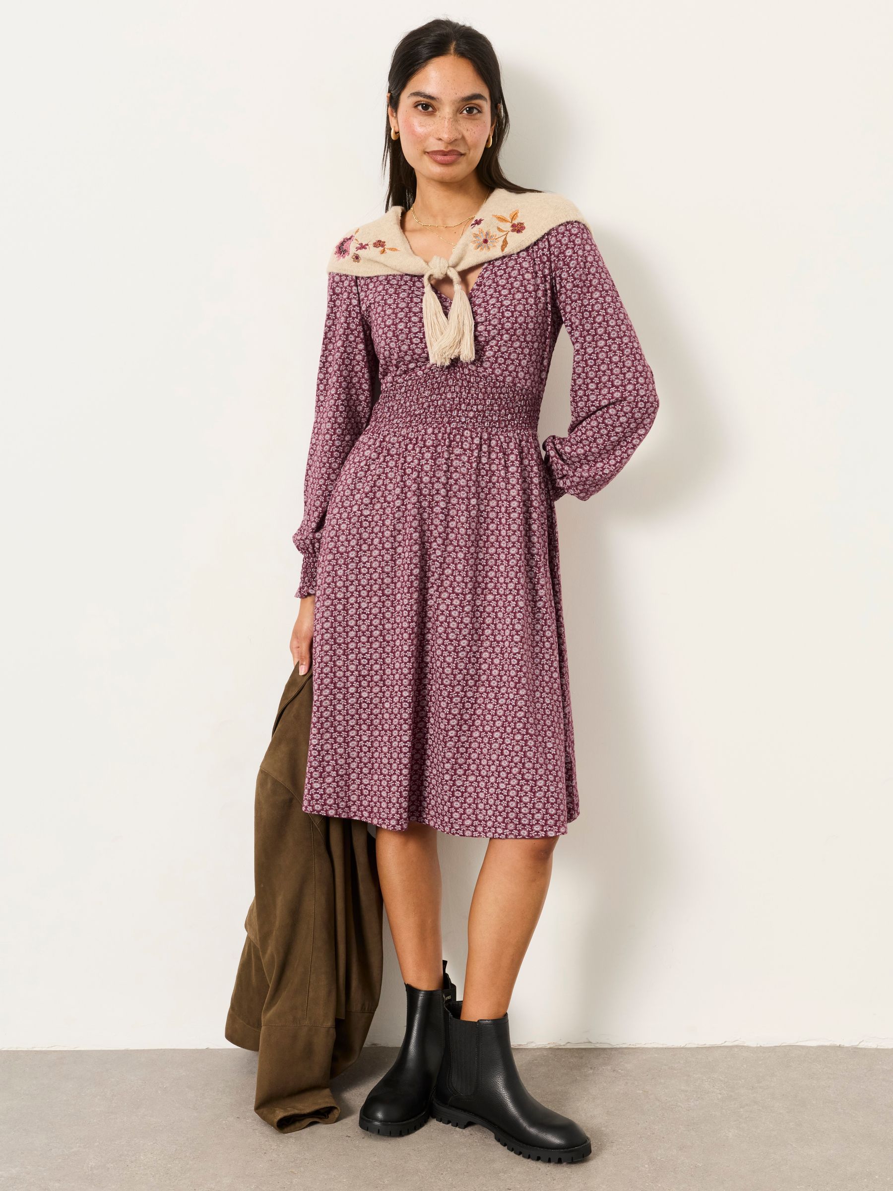 Sophie Burgundy Red Folk Floral Petite Jersey Dress - Image 5 of 6