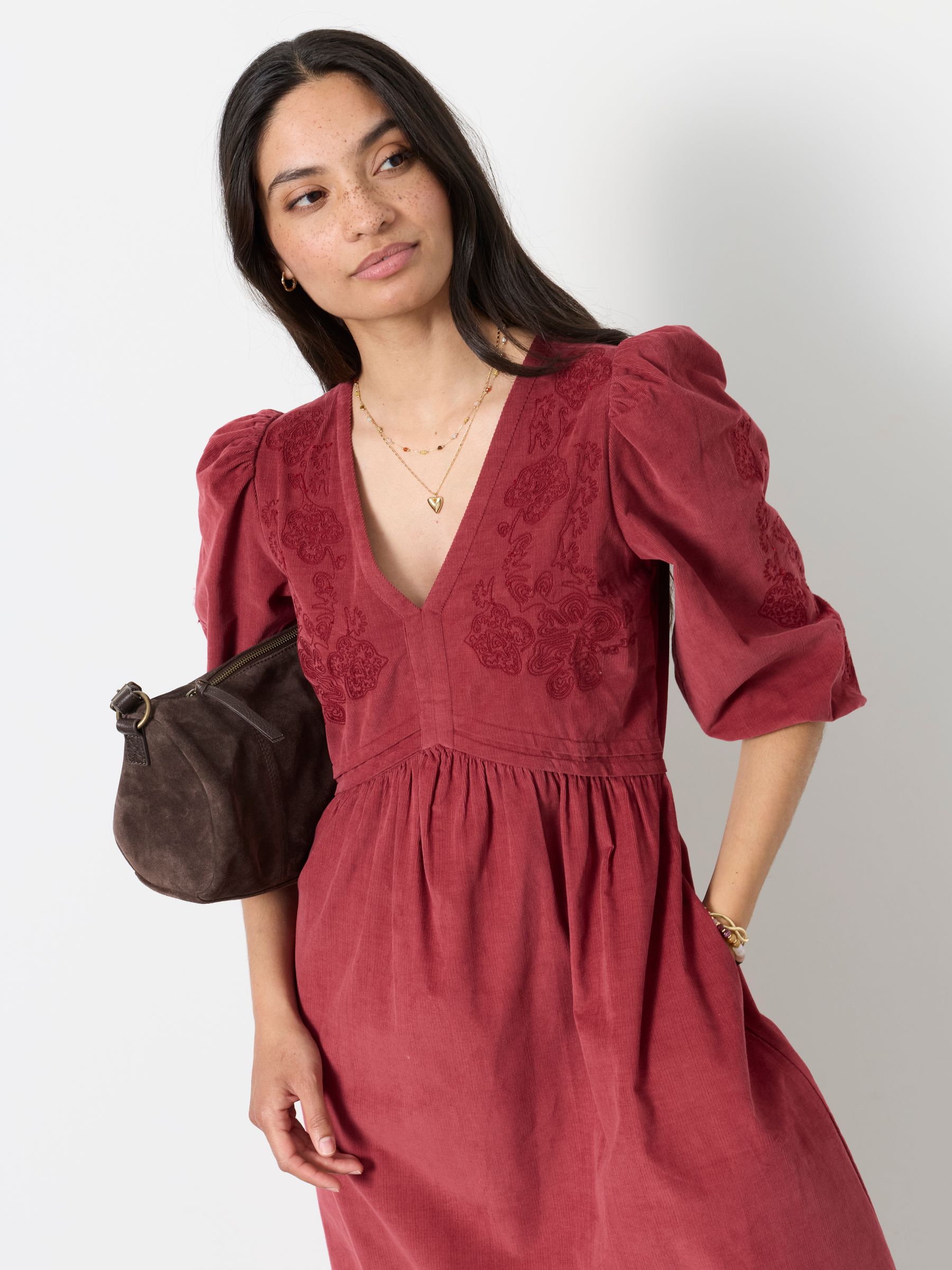 Connie Rust Red Petite Embroidered Cord Midi Dress - Image 3 of 5