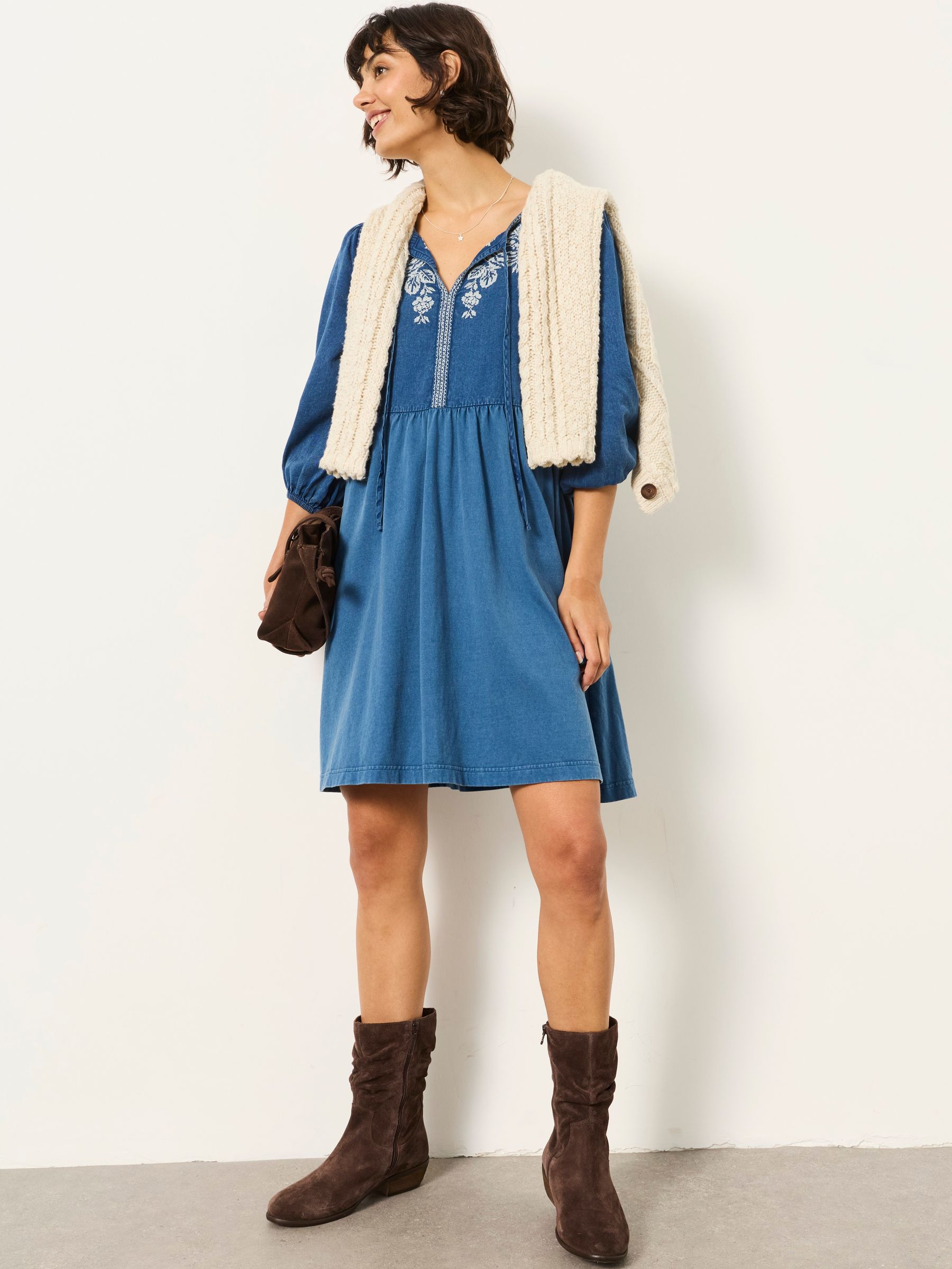 Cassie Blue Petite Western Embroidered Yoke Mini Dress - Image 1 of 7 Cassie Blue Petite Western Embroidered Yoke Mini Dress - Image 1 of 7