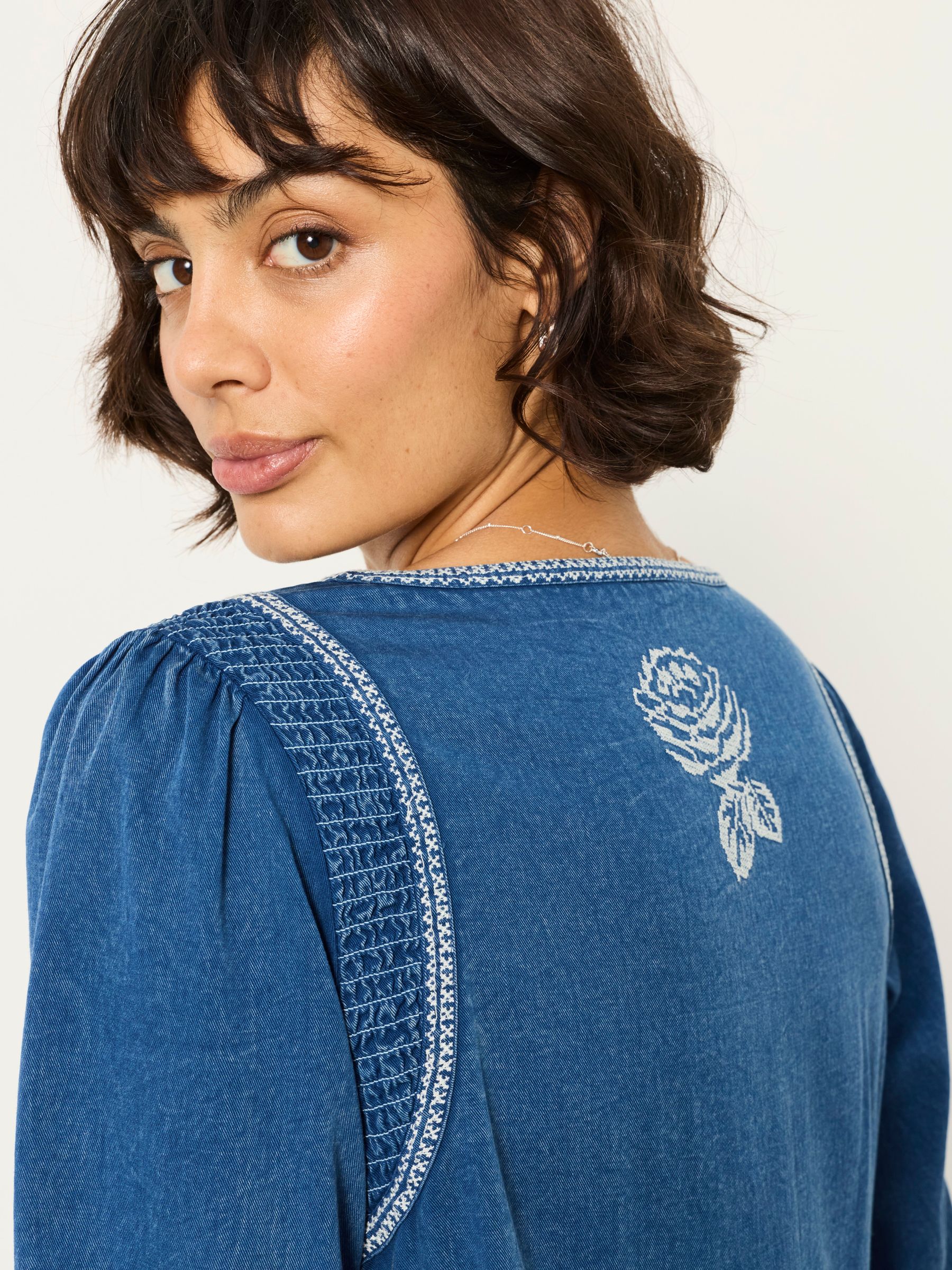 Cassie Blue Petite Western Embroidered Yoke Mini Dress - Image 3 of 7