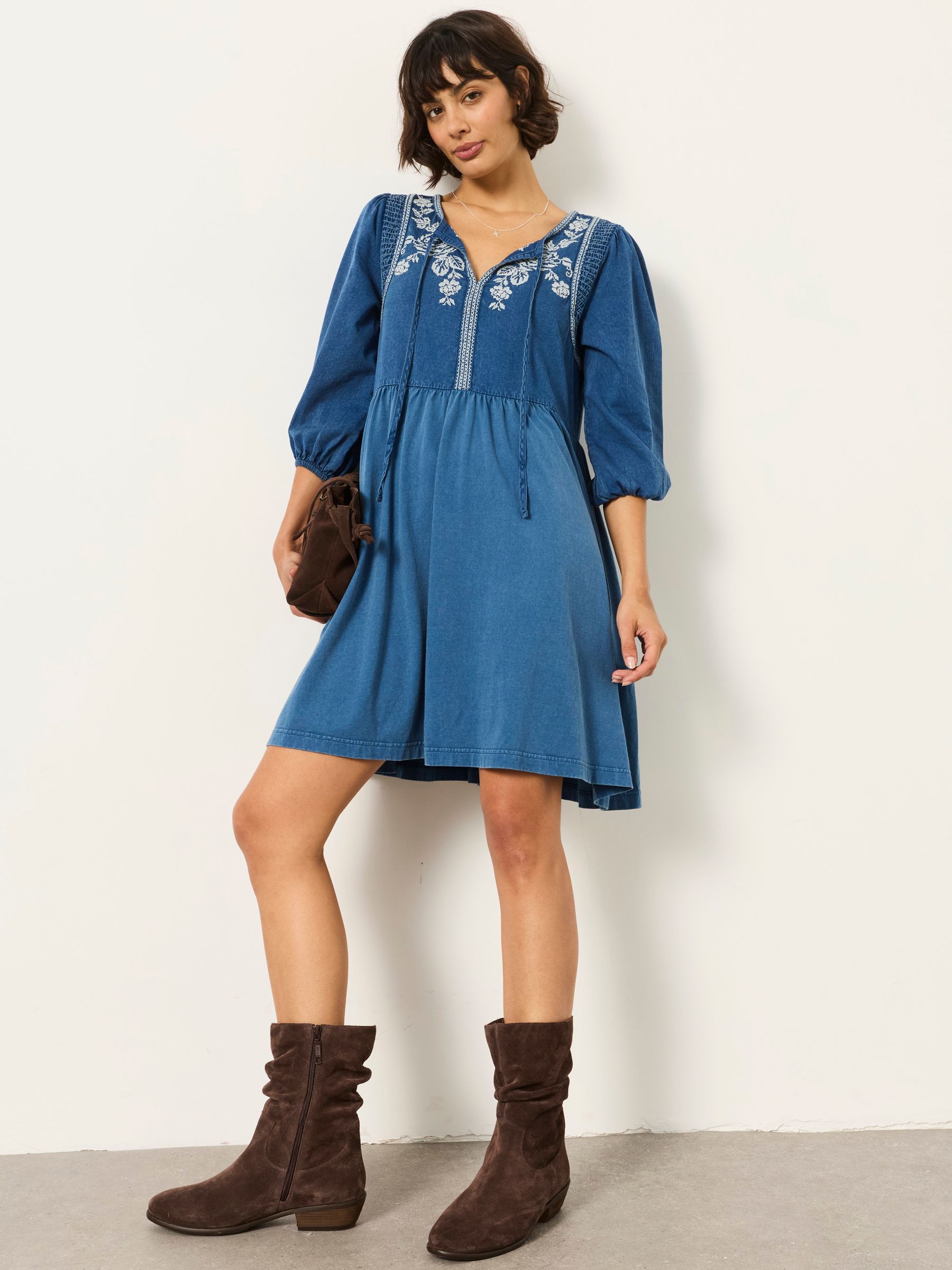 Cassie Blue Petite Western Embroidered Yoke Mini Dress - Image 5 of 7