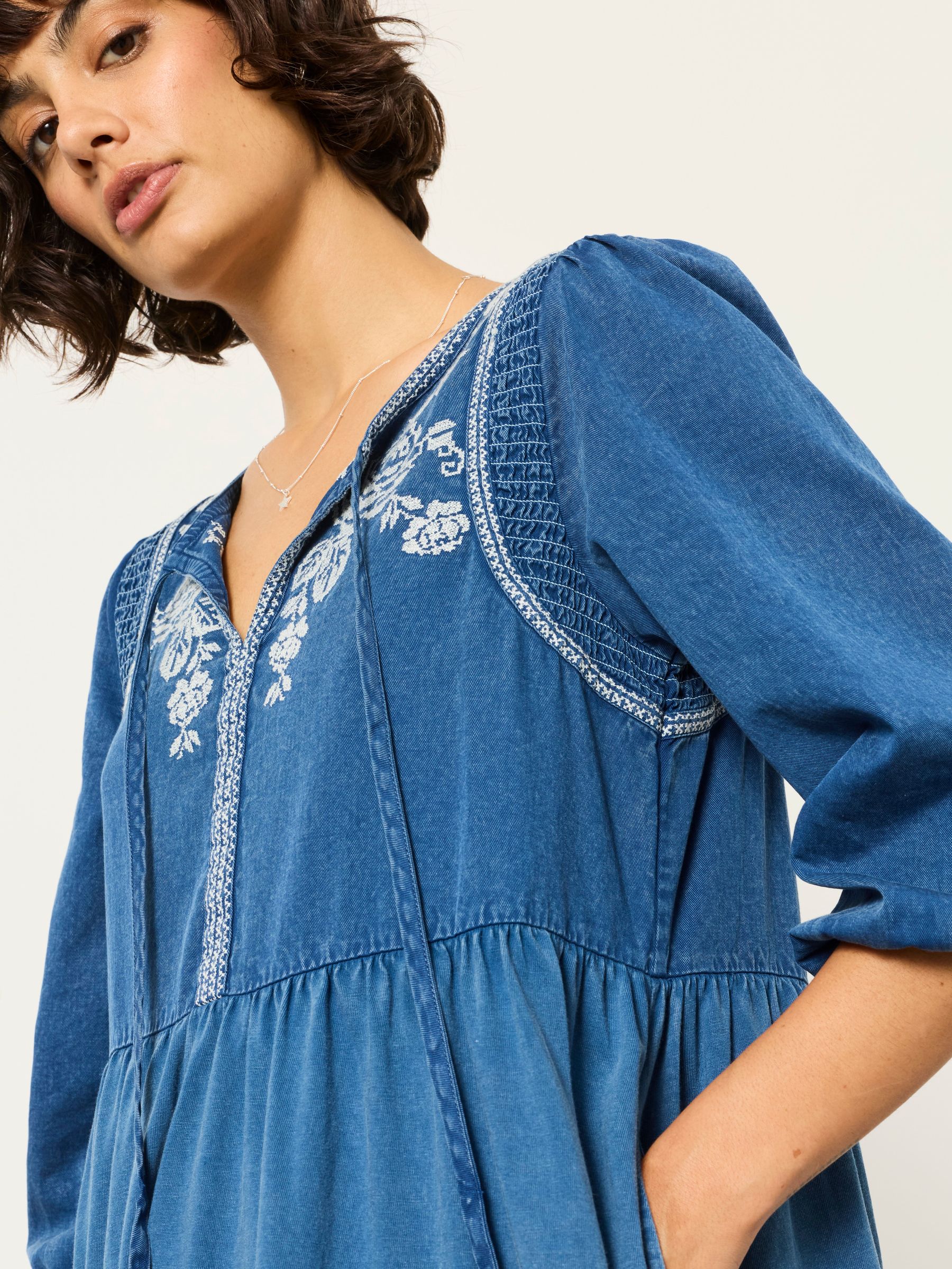 Cassie Blue Petite Western Embroidered Yoke Mini Dress - Image 6 of 7