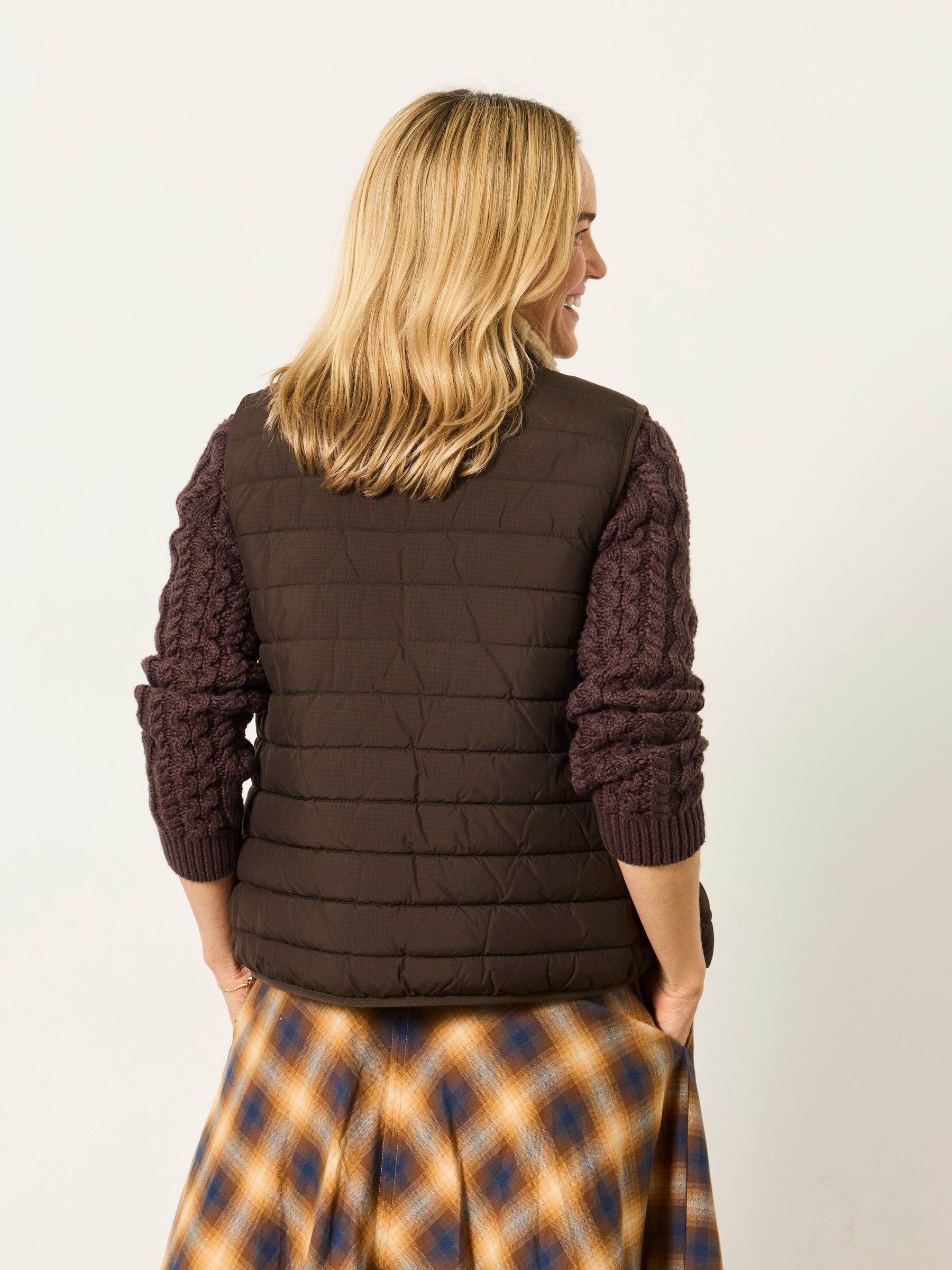 Luna Reversible Chocolate Brown Petite Padded Borg Fleece Gilet - Image 2 of 7