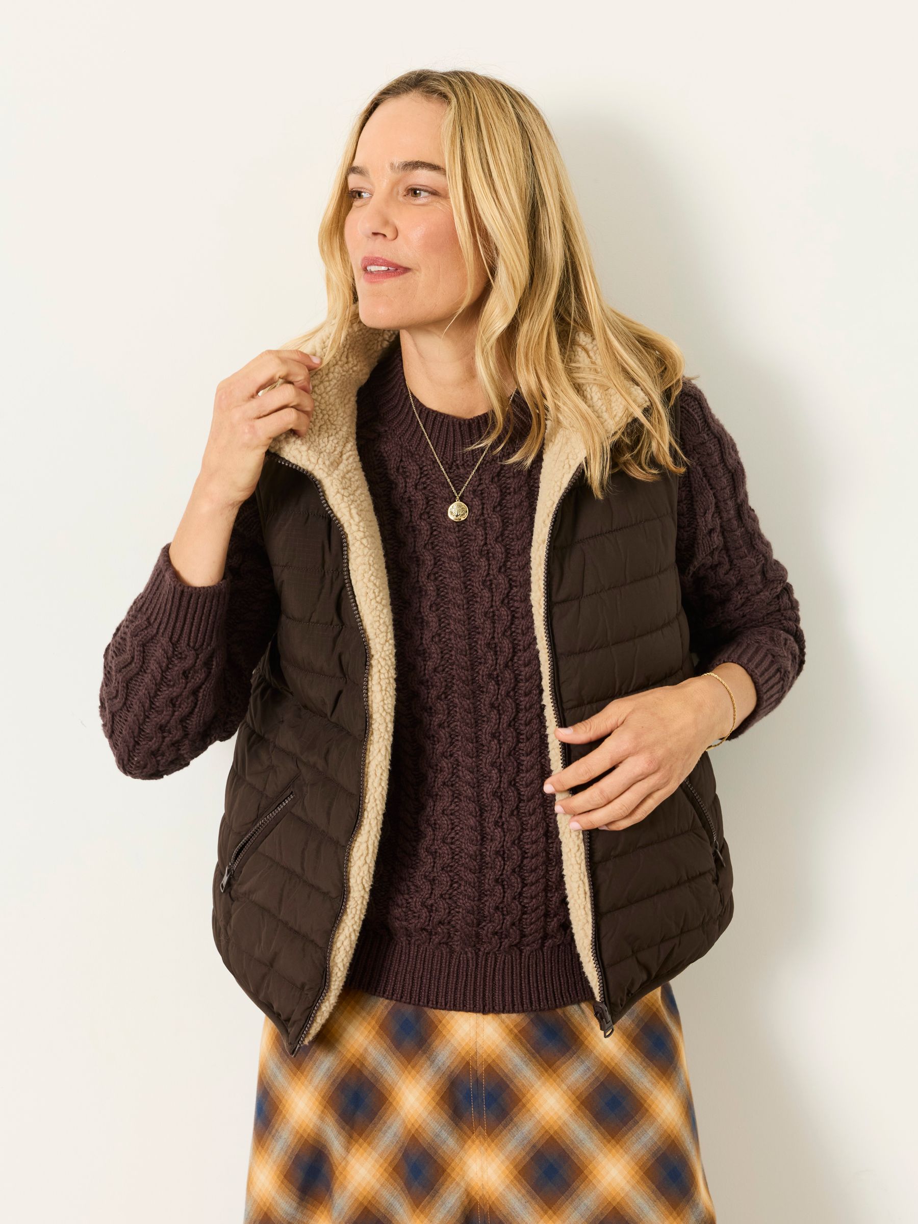 Luna Reversible Chocolate Brown Petite Padded Borg Fleece Gilet - Image 4 of 7