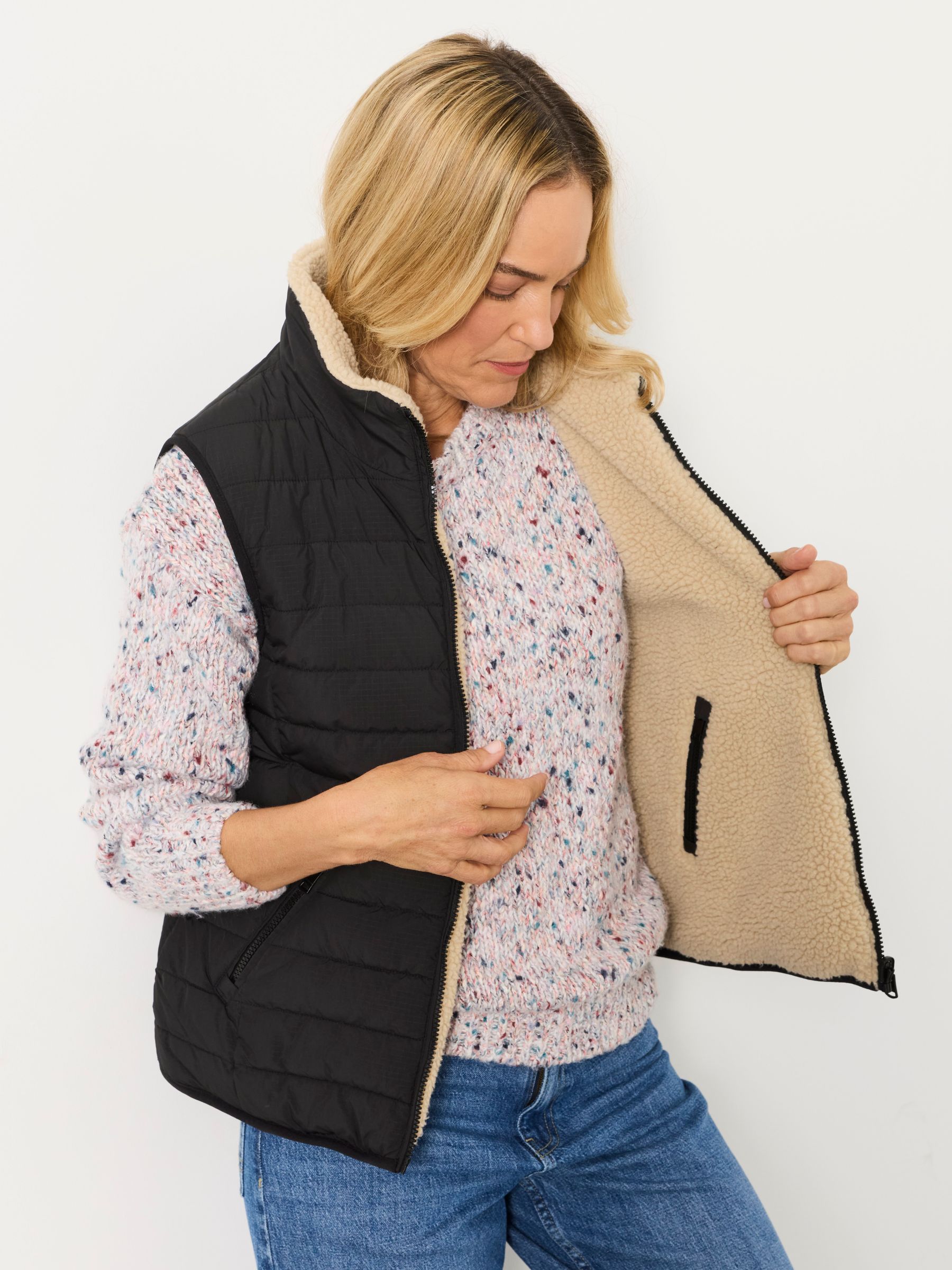 Luna Reversible Black Petite Padded Borg Fleece Gilet - Image 1 of 8 Luna Reversible Black Petite Padded Borg Fleece Gilet - Image 1 of 8
