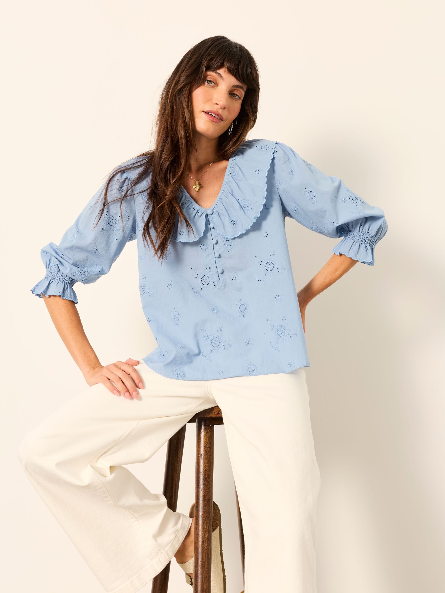 Carly Blue Regular Broderie Blouse - Image 5 of 6