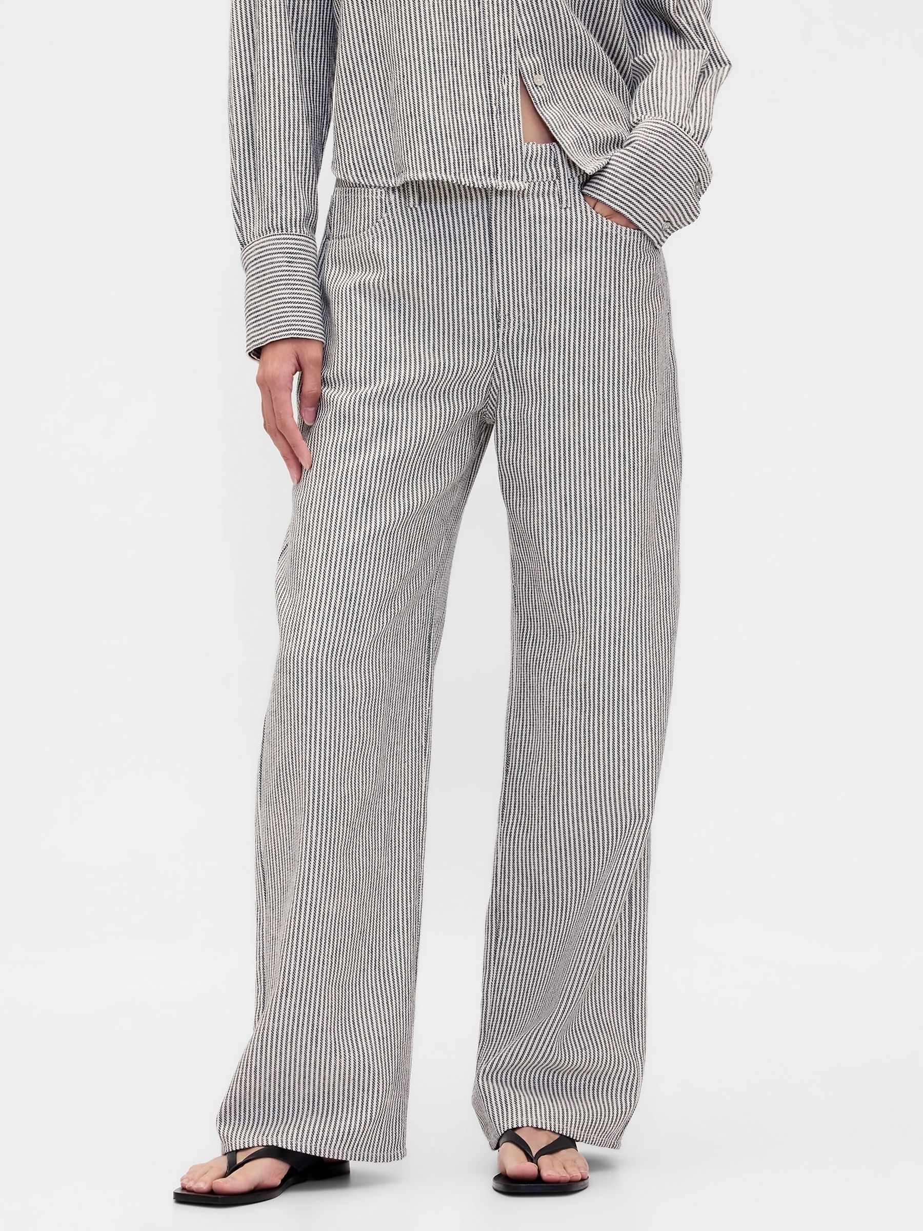 Grey Stripe Linen Cotton Wide-Leg Trousers - Image 1 of 4