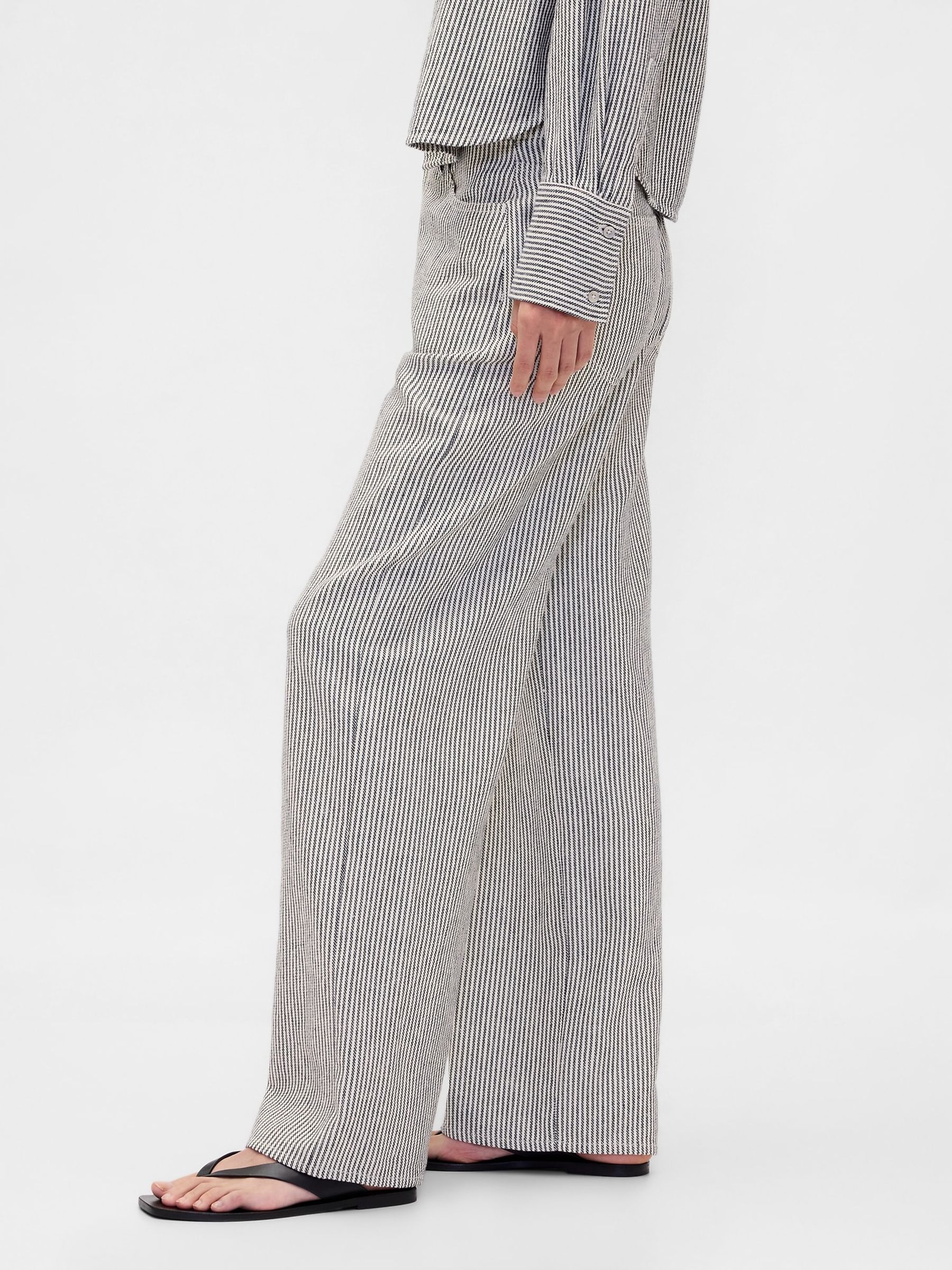 Grey Stripe Linen Cotton Wide-Leg Trousers - Image 3 of 4