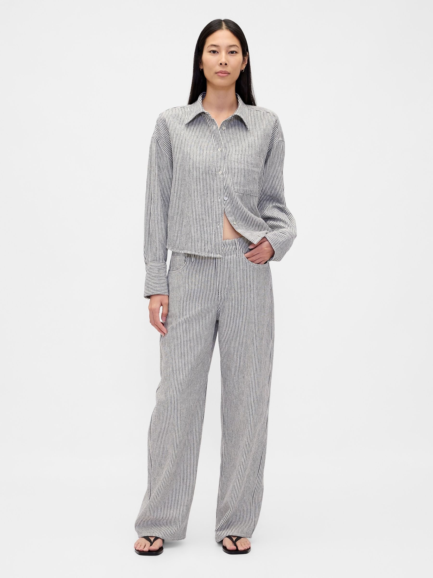 Grey Stripe Linen Cotton Wide-Leg Trousers - Image 4 of 4