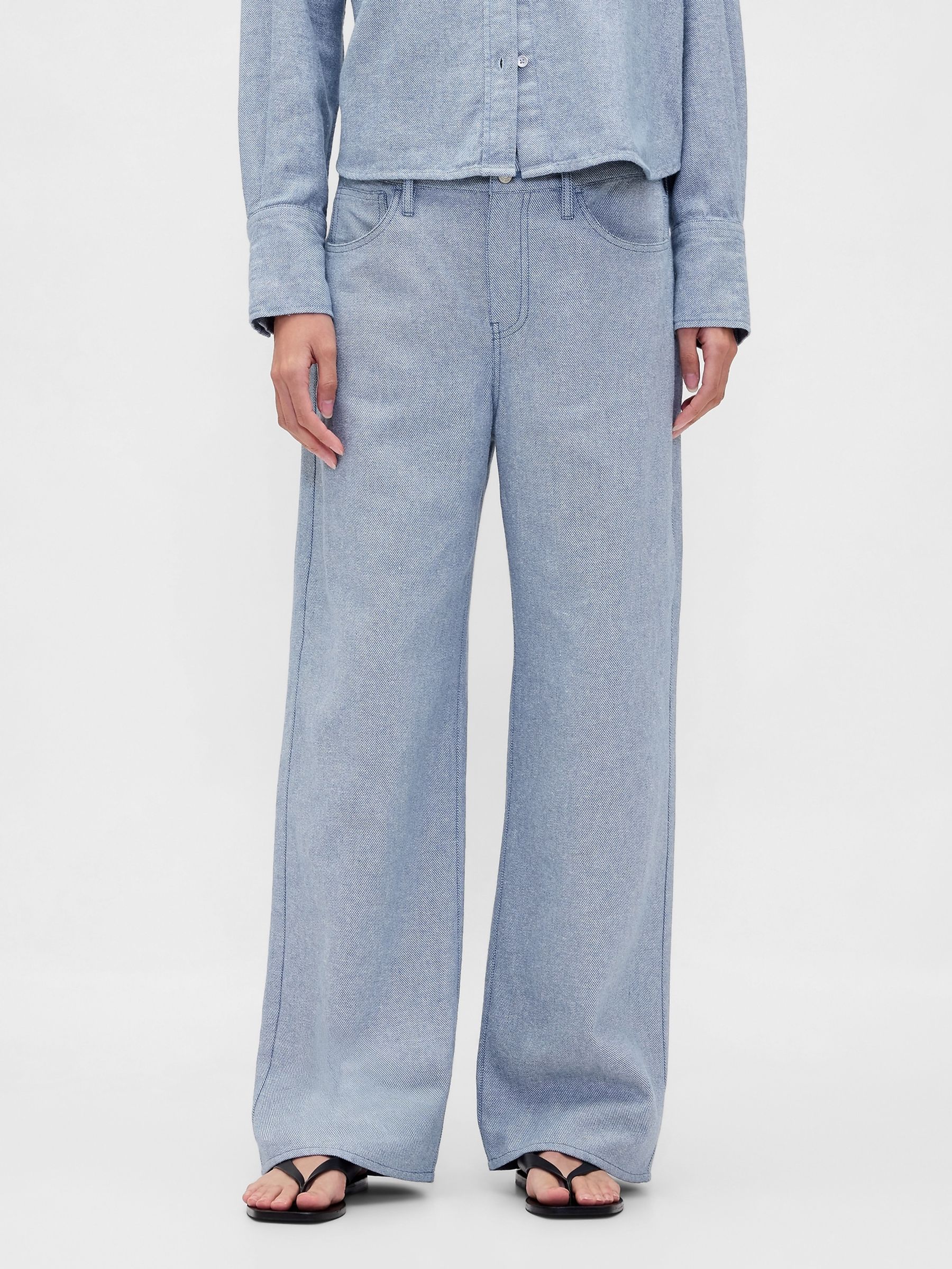 Light Blue Linen Cotton Wide-Leg Trousers - Image 1 of 4 Light Blue Linen Cotton Wide-Leg Trousers - Image 1 of 4