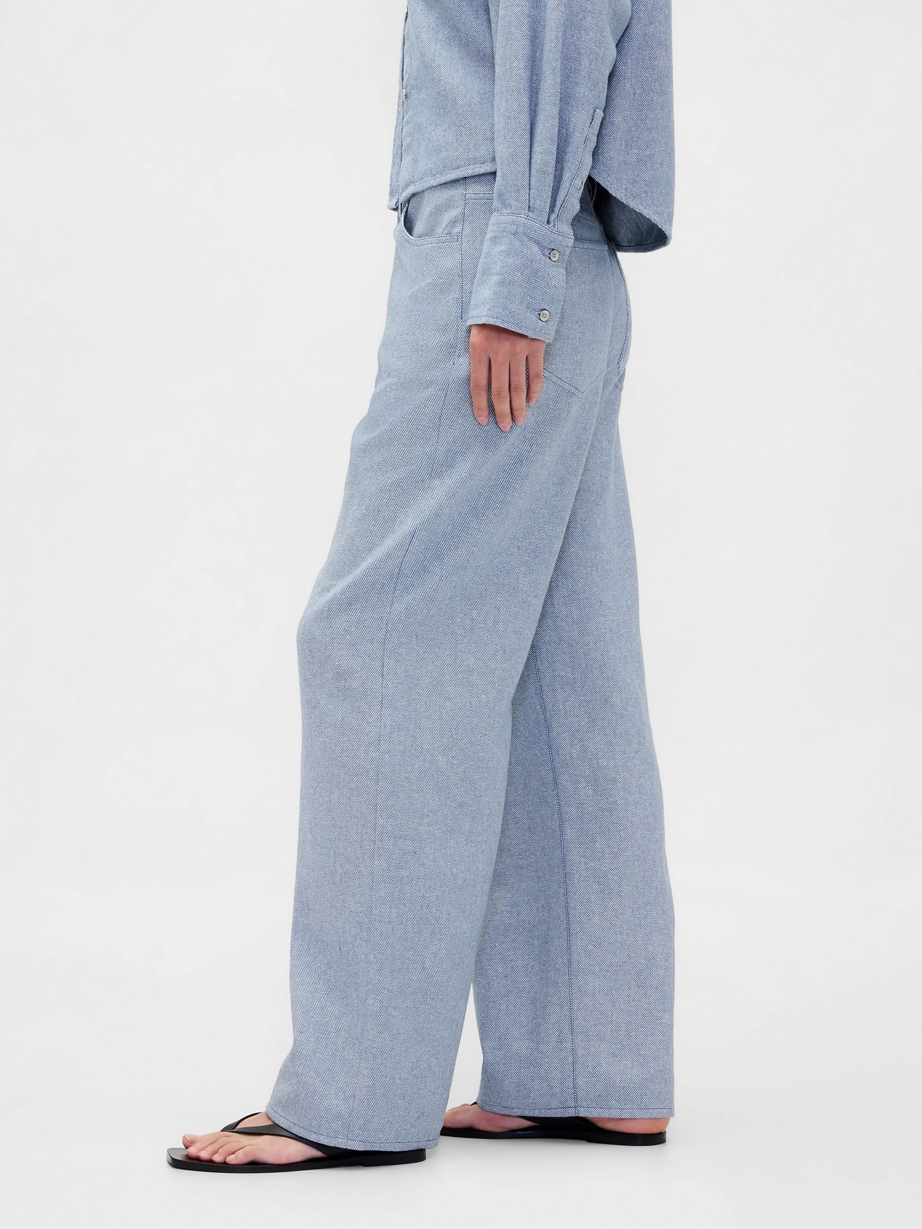 Light Blue Linen Cotton Wide-Leg Trousers - Image 3 of 4
