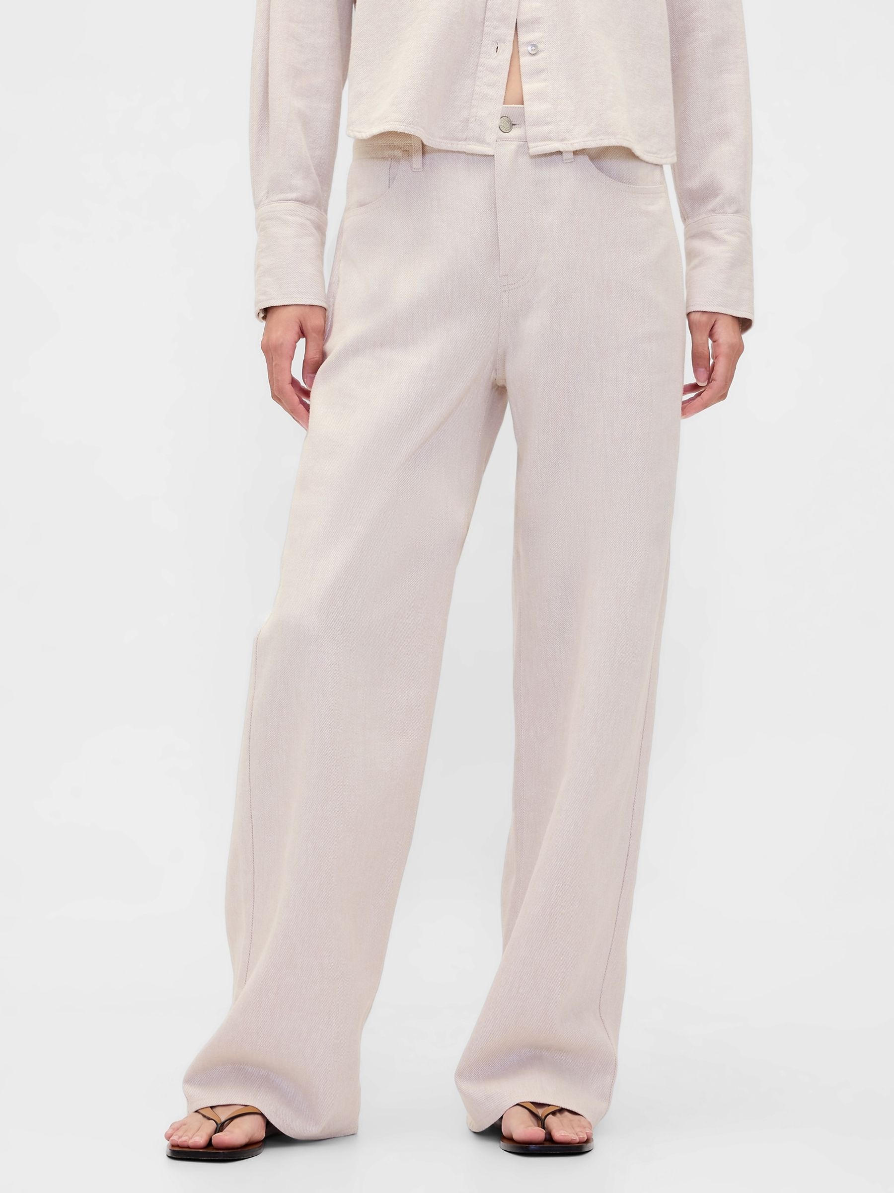 Cream Linen Cotton Wide-Leg Trousers - Image 1 of 4