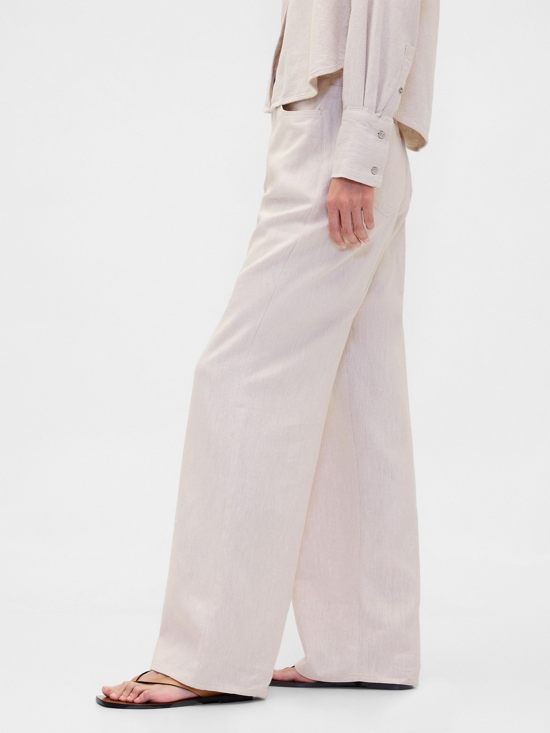 Cream Linen Cotton Wide-Leg Trousers - Image 3 of 4