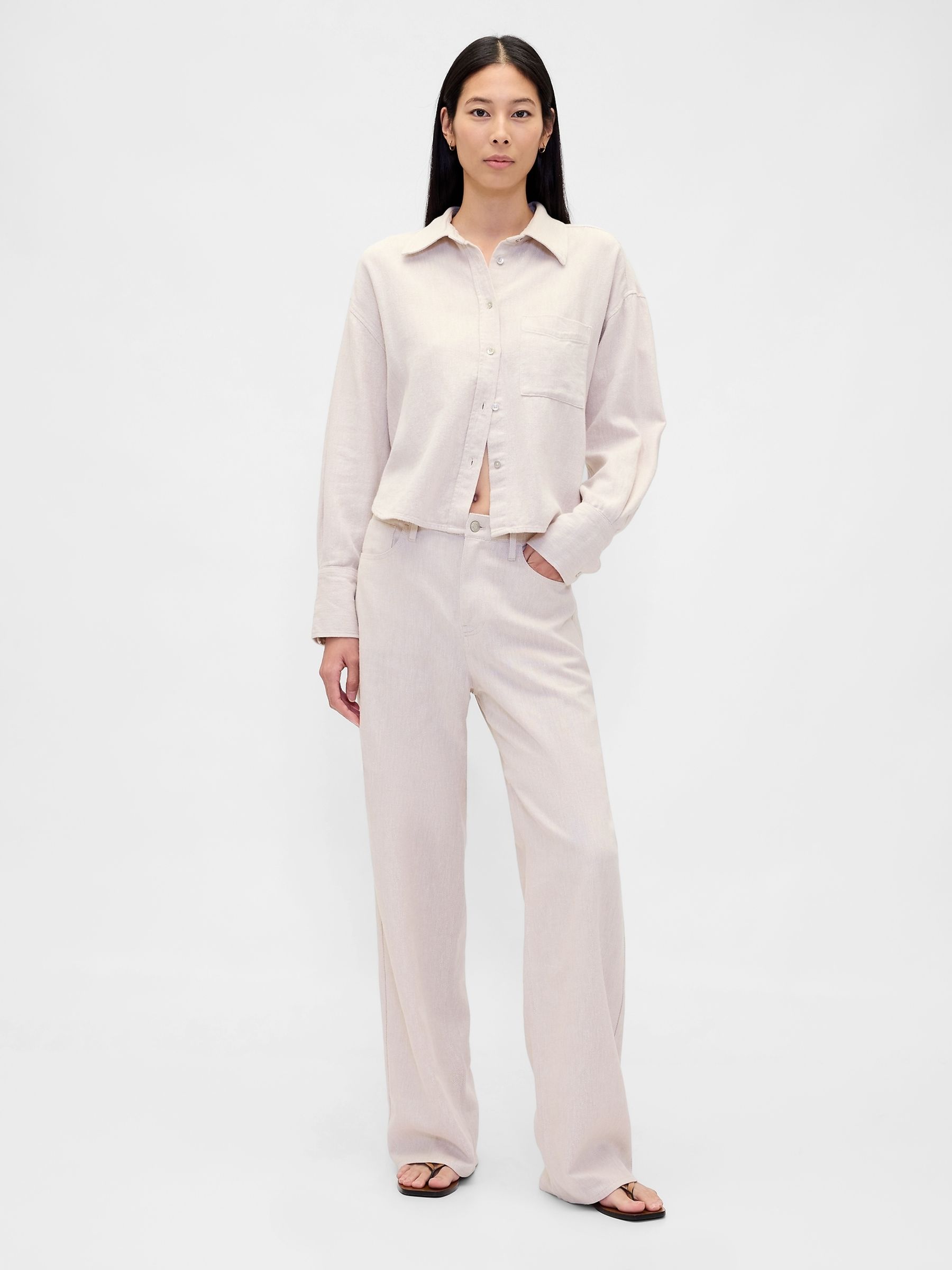 Cream Linen Cotton Wide-Leg Trousers - Image 4 of 4