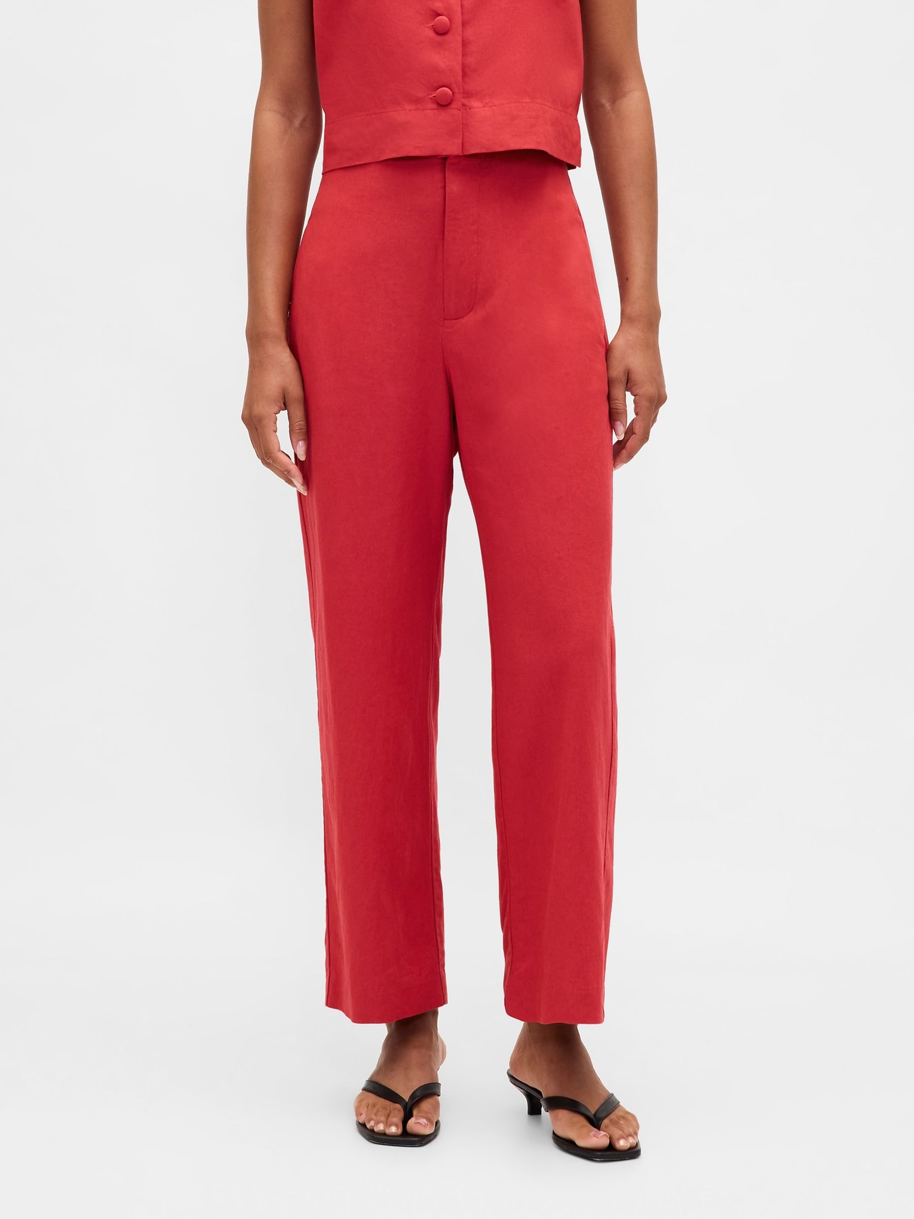 Red Linen Blend Relaxed Straight Trousers - Image 1 of 4