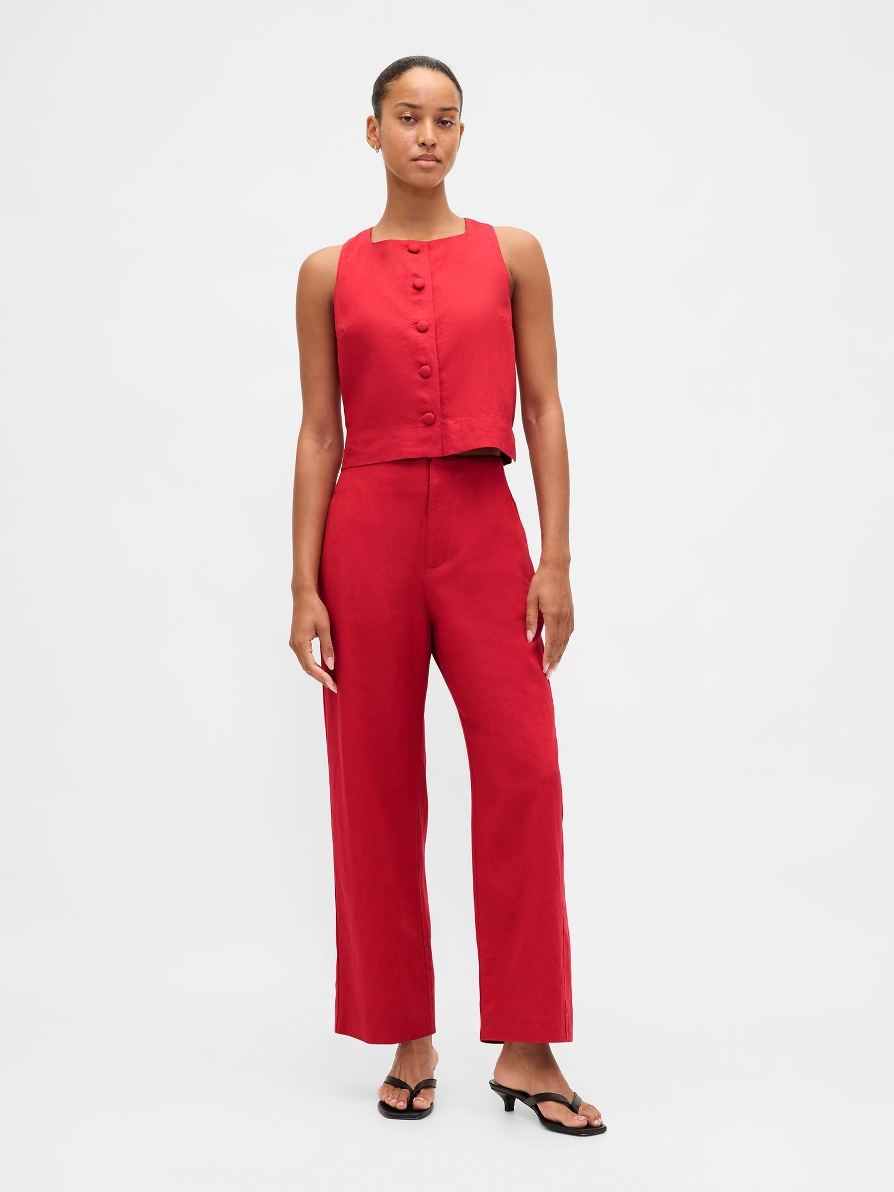 Red Linen Blend Relaxed Straight Trousers - Image 3 of 4