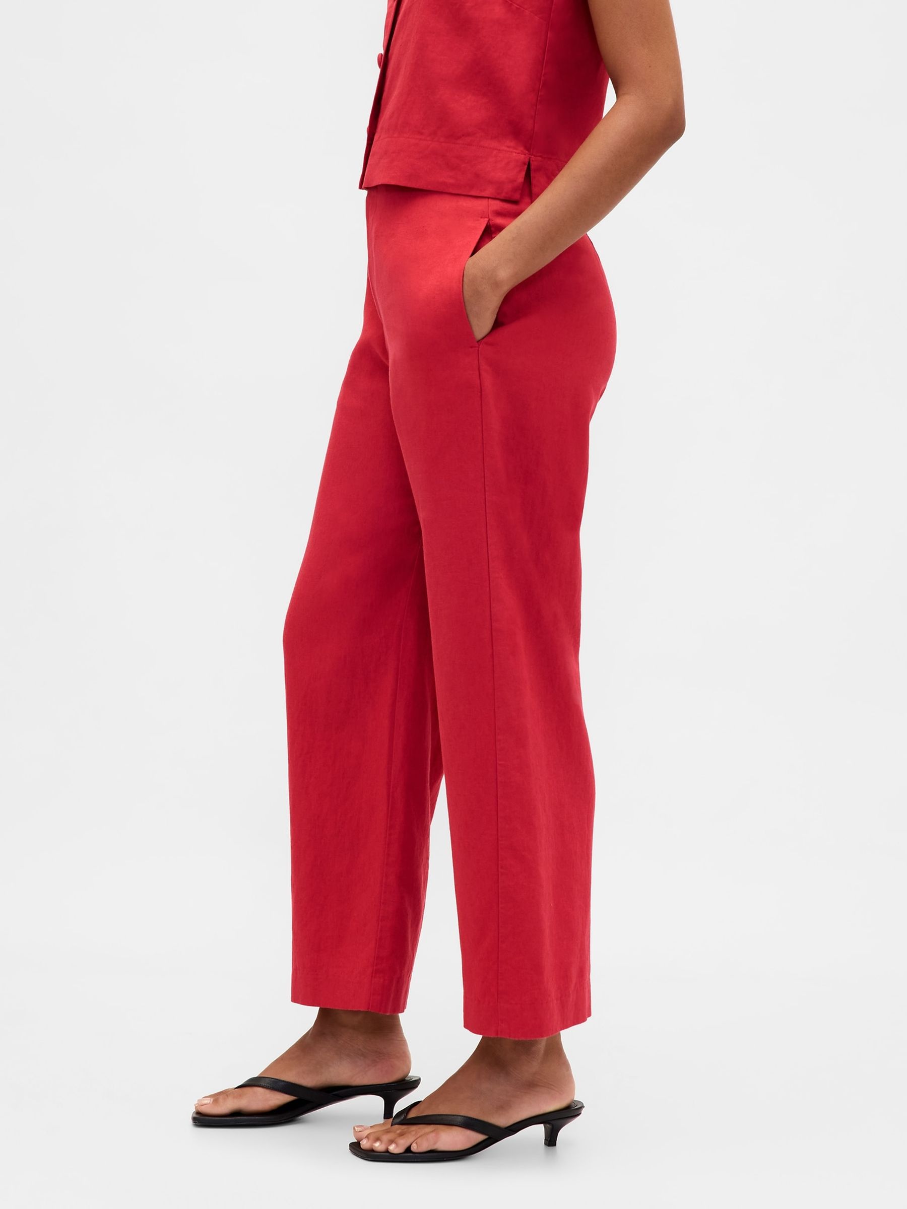 Red Linen Blend Relaxed Straight Trousers - Image 4 of 4