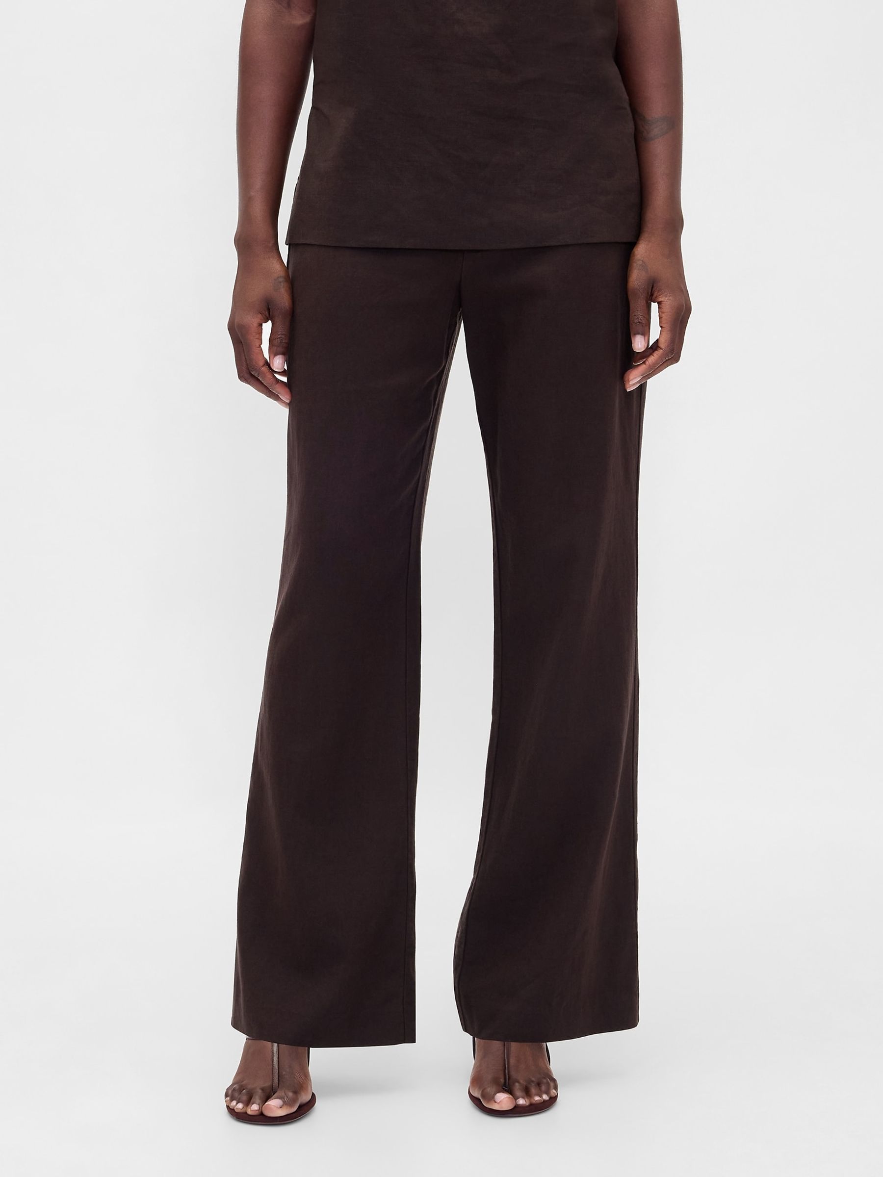 Brown Low Rise Linen-Blend Flare Trousers - Image 1 of 4