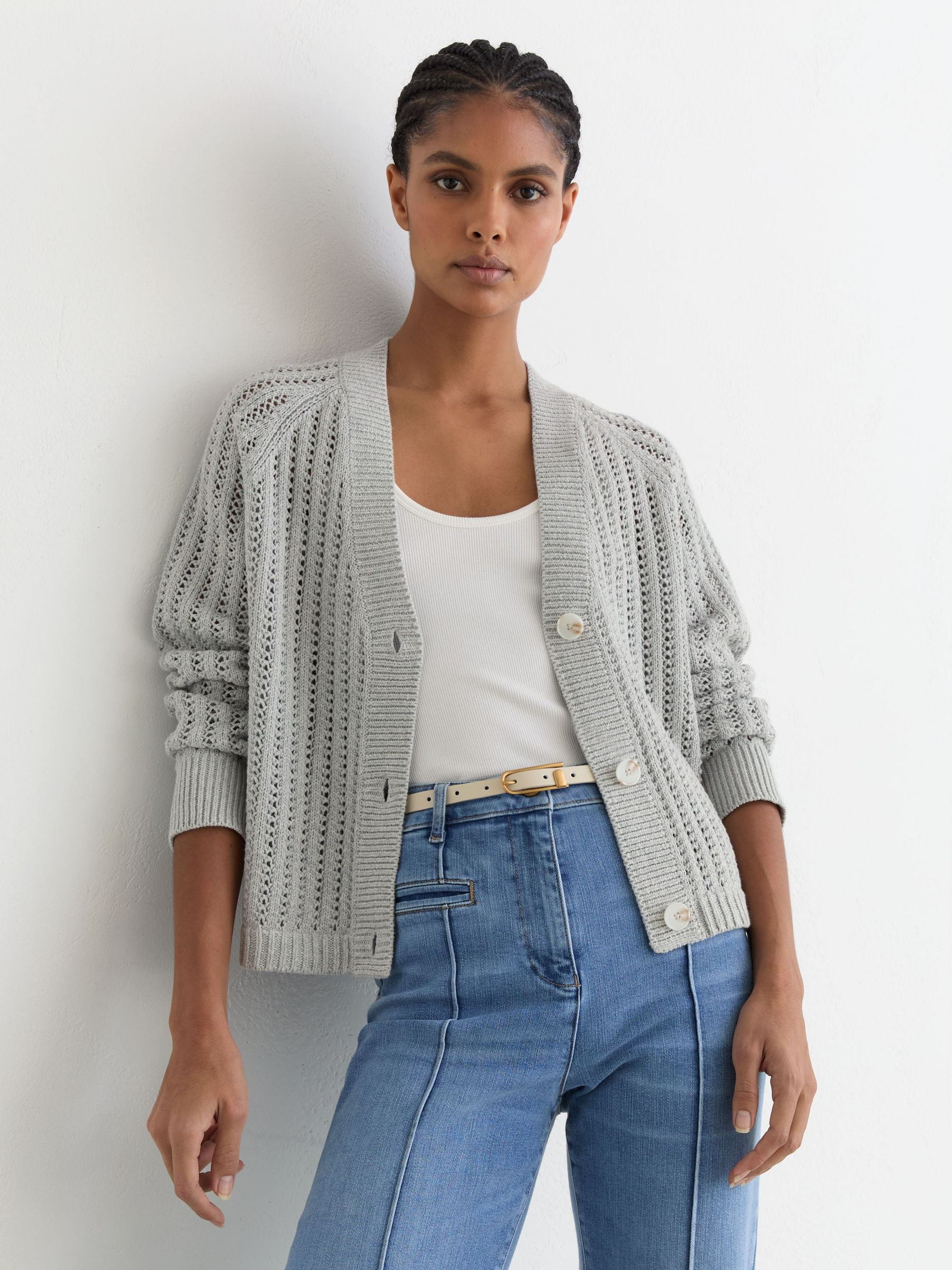 Cotton-Blend Open-Knit Cardigan in Silver Grey - Image 1 of 7